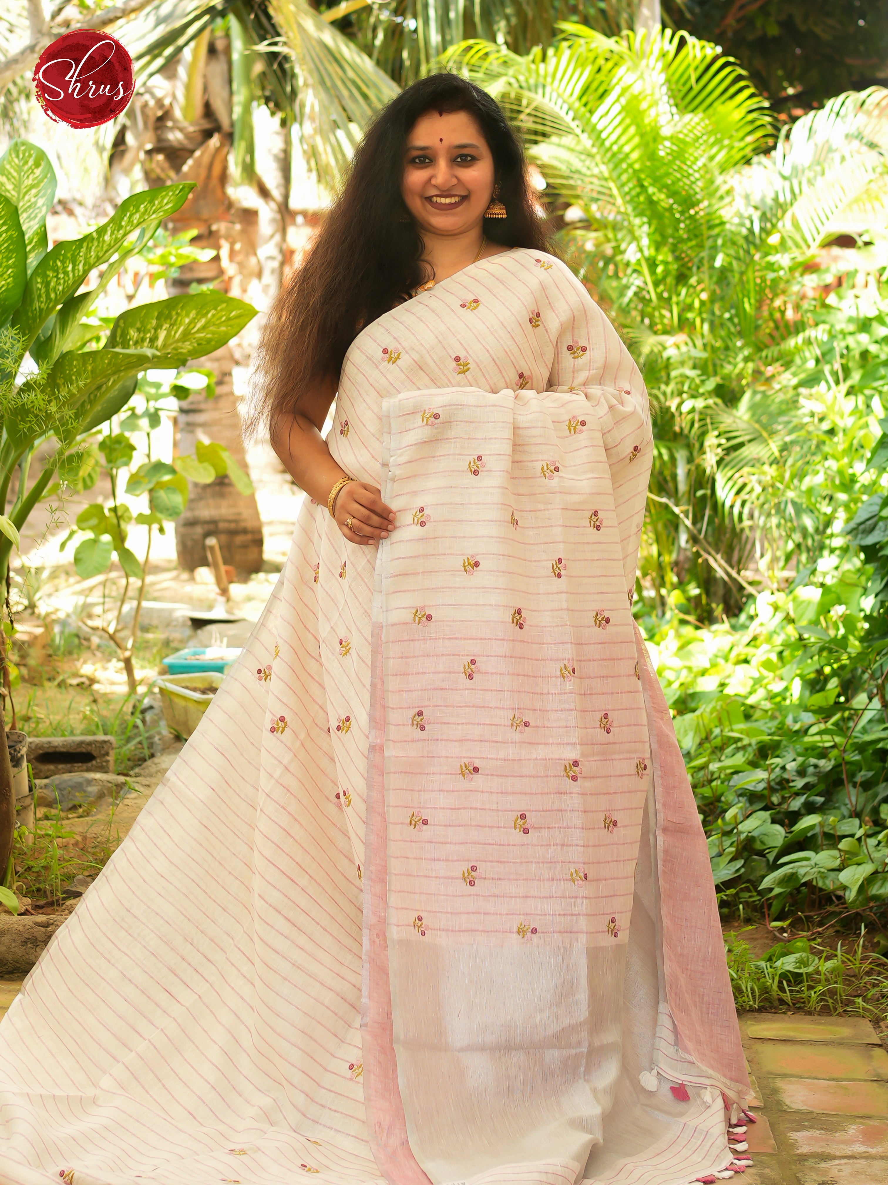 Cream & Pink - Linen Saree - Shop on ShrusEternity.com