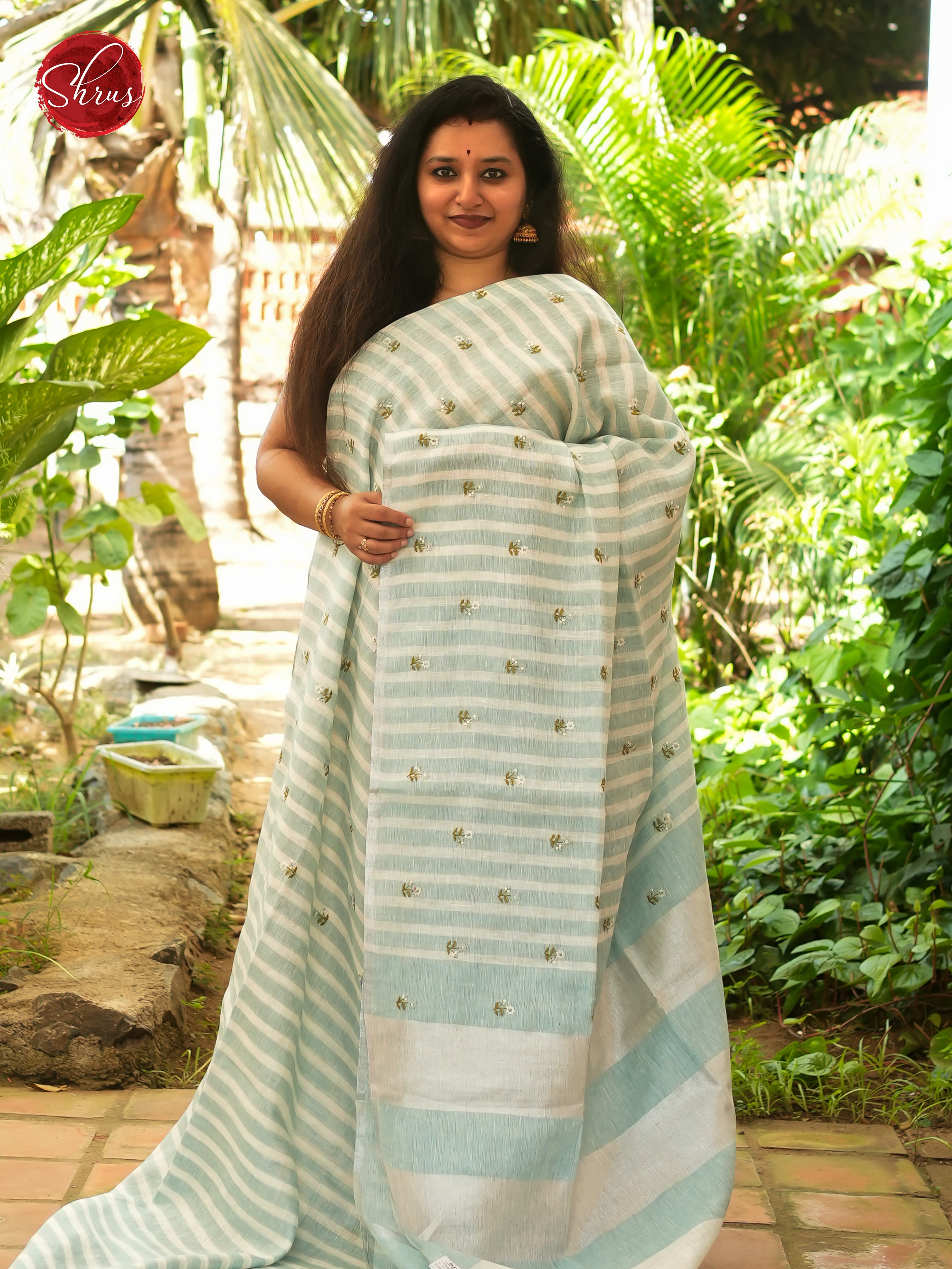 Blue & Cream- Linen Saree - Shop on ShrusEternity.com