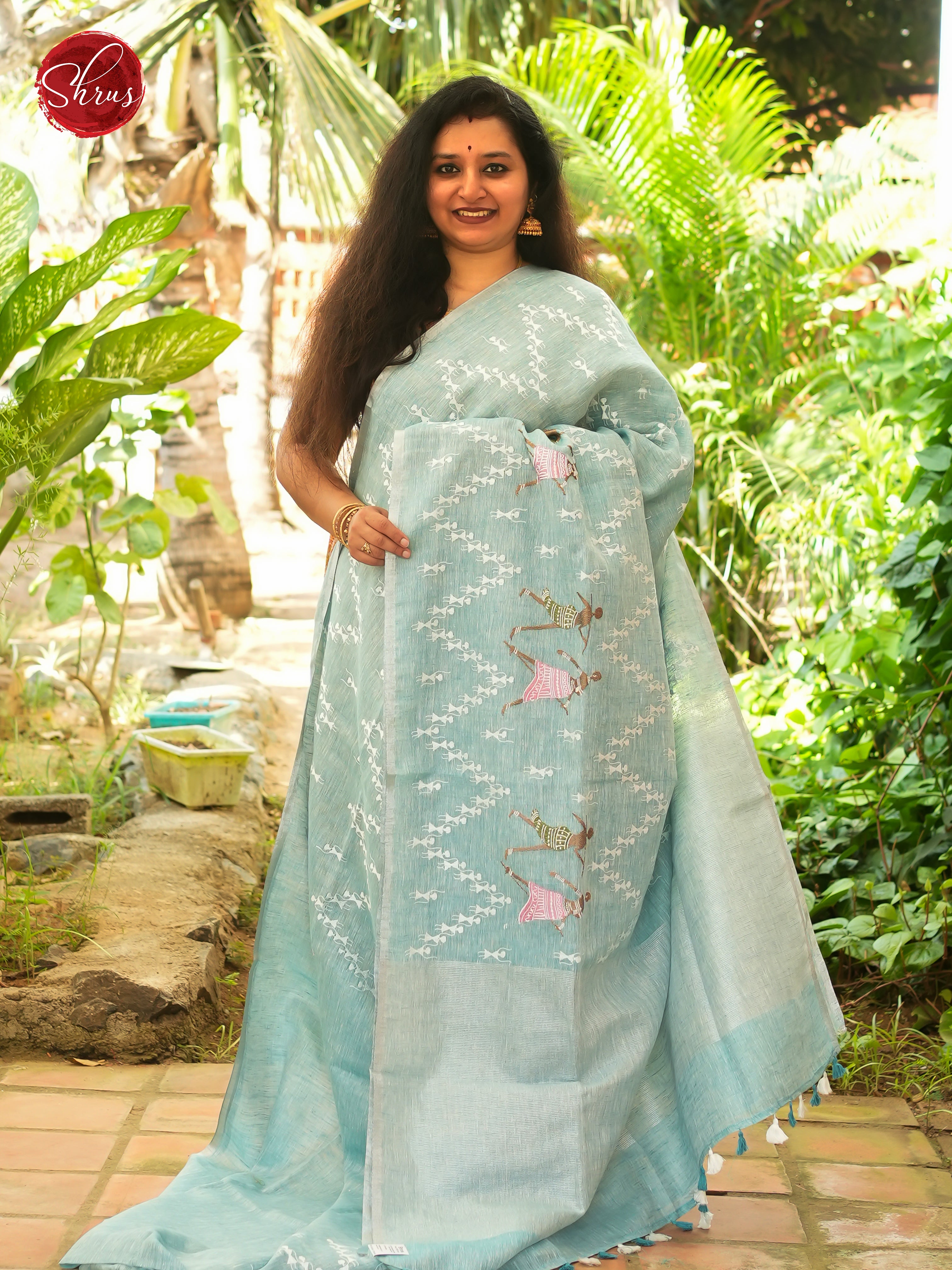 Blue - Linen Saree - Shop on ShrusEternity.com