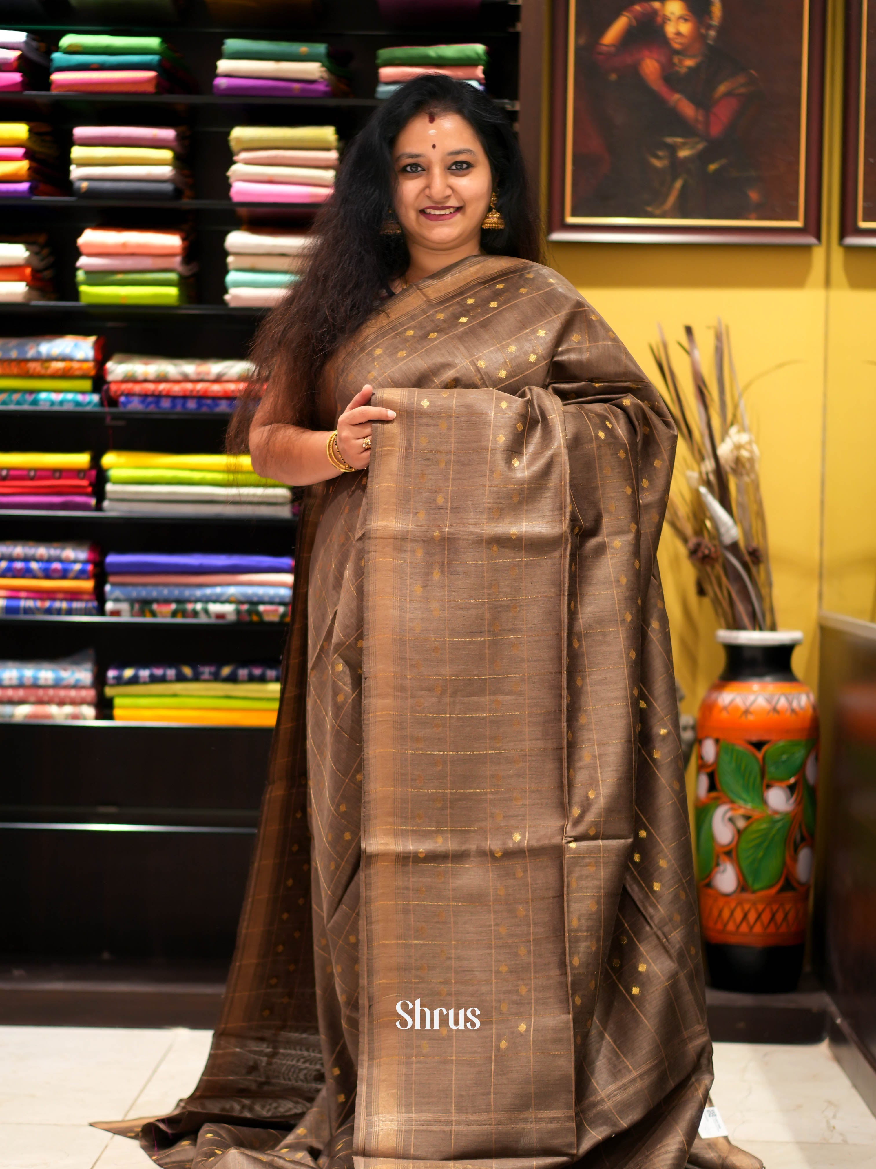 Brown(Single Tone) - Tussar Saree - Shop on ShrusEternity.com