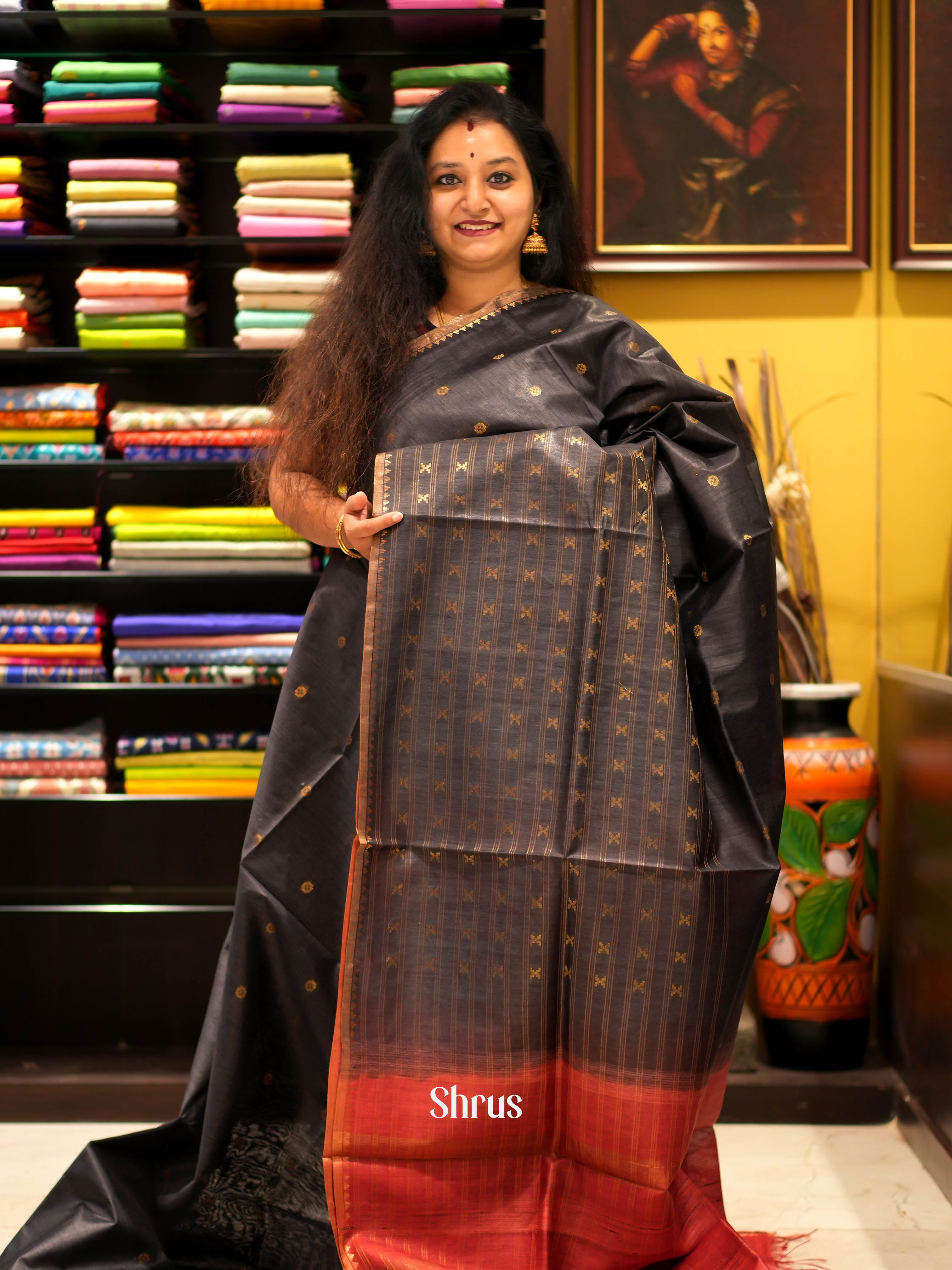 Black & Red - Semi Tussar Saree - Shop on ShrusEternity.com