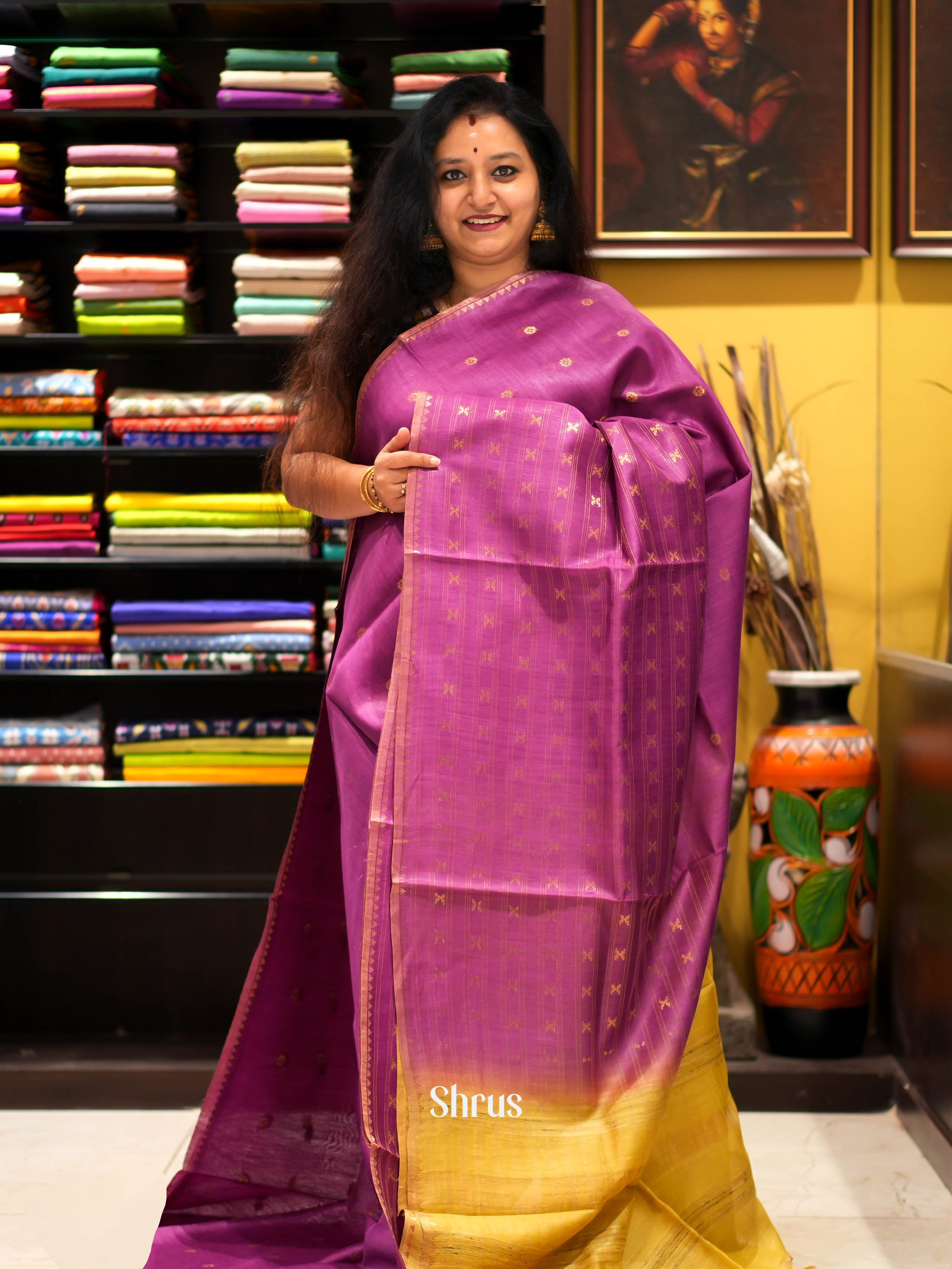 Majenta & Yellow - Semi Tussar Saree - Shop on ShrusEternity.com