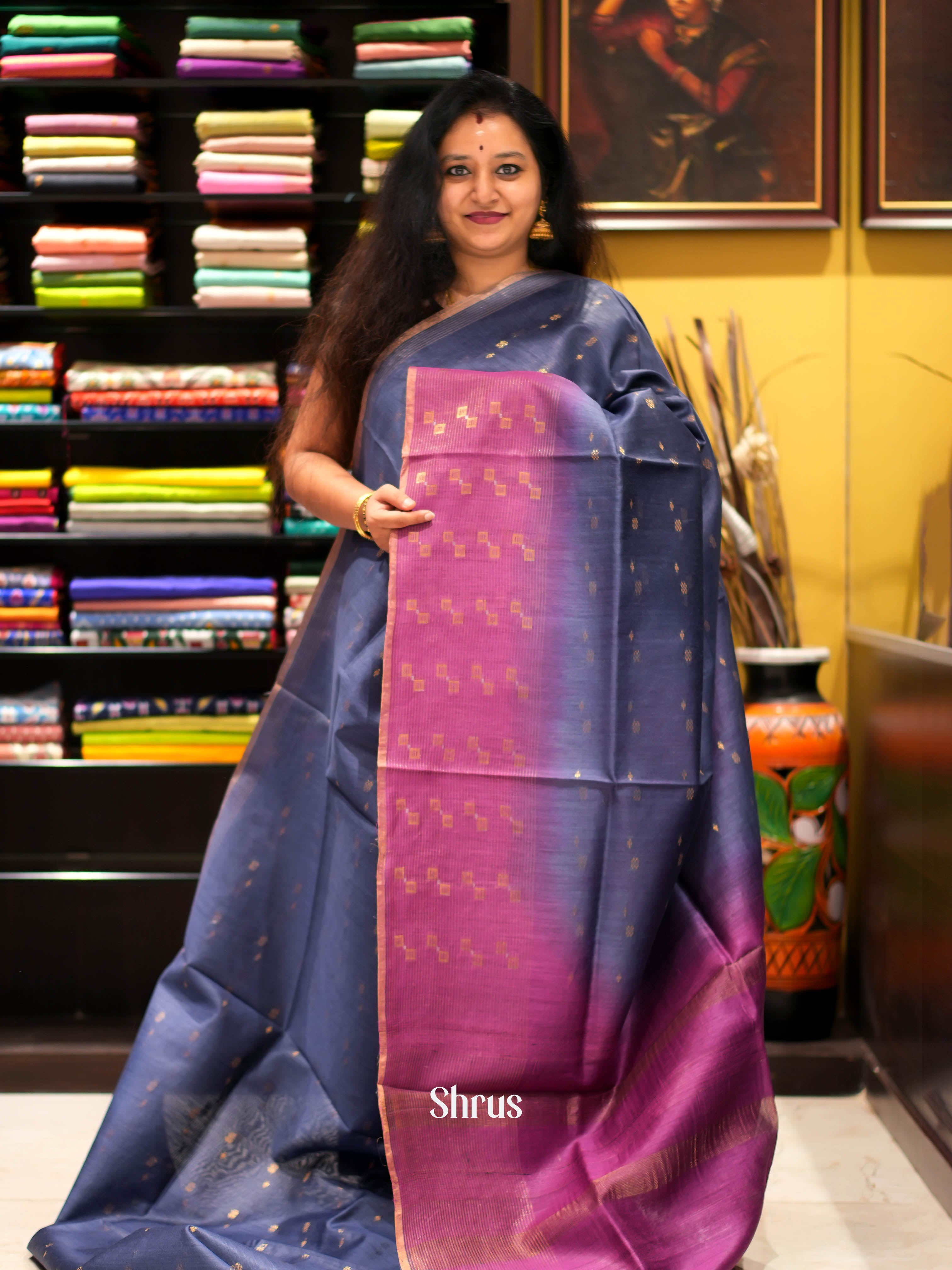 Blue & Pink - Semi Tussar Saree - Shop on ShrusEternity.com