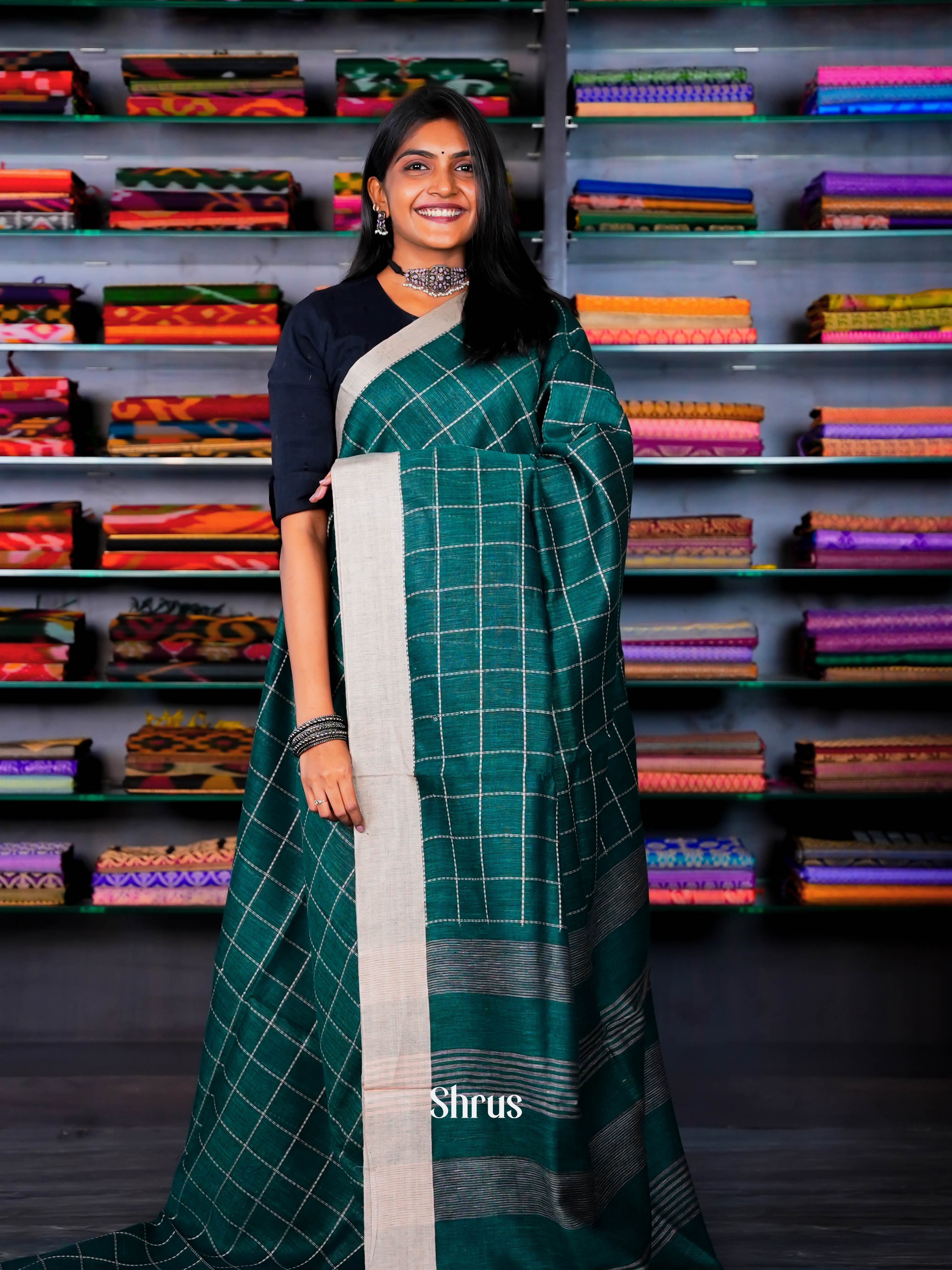 Green & Grey - Linen Saree - Shop on ShrusEternity.com