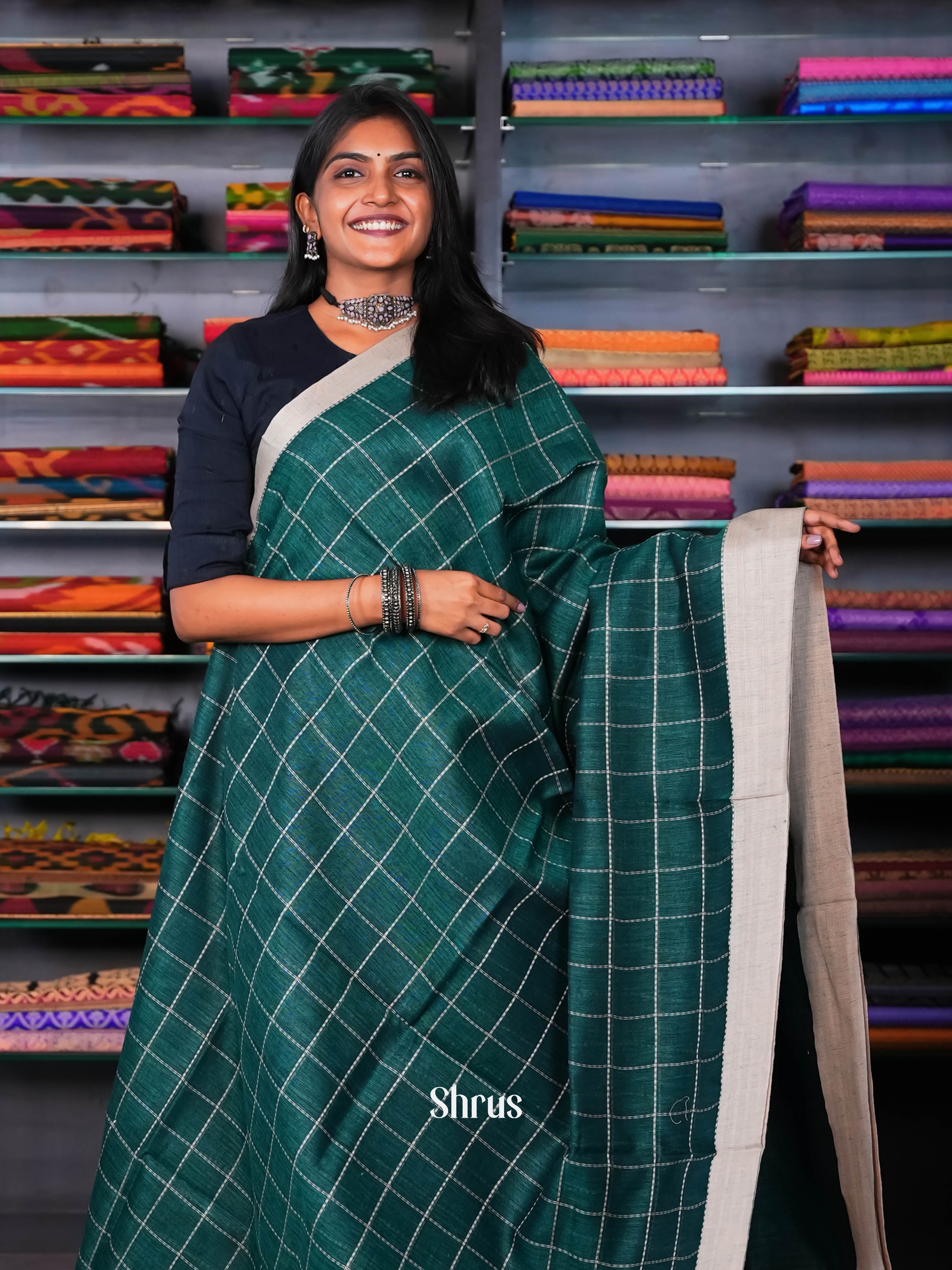 Green & Grey - Linen Saree - Shop on ShrusEternity.com