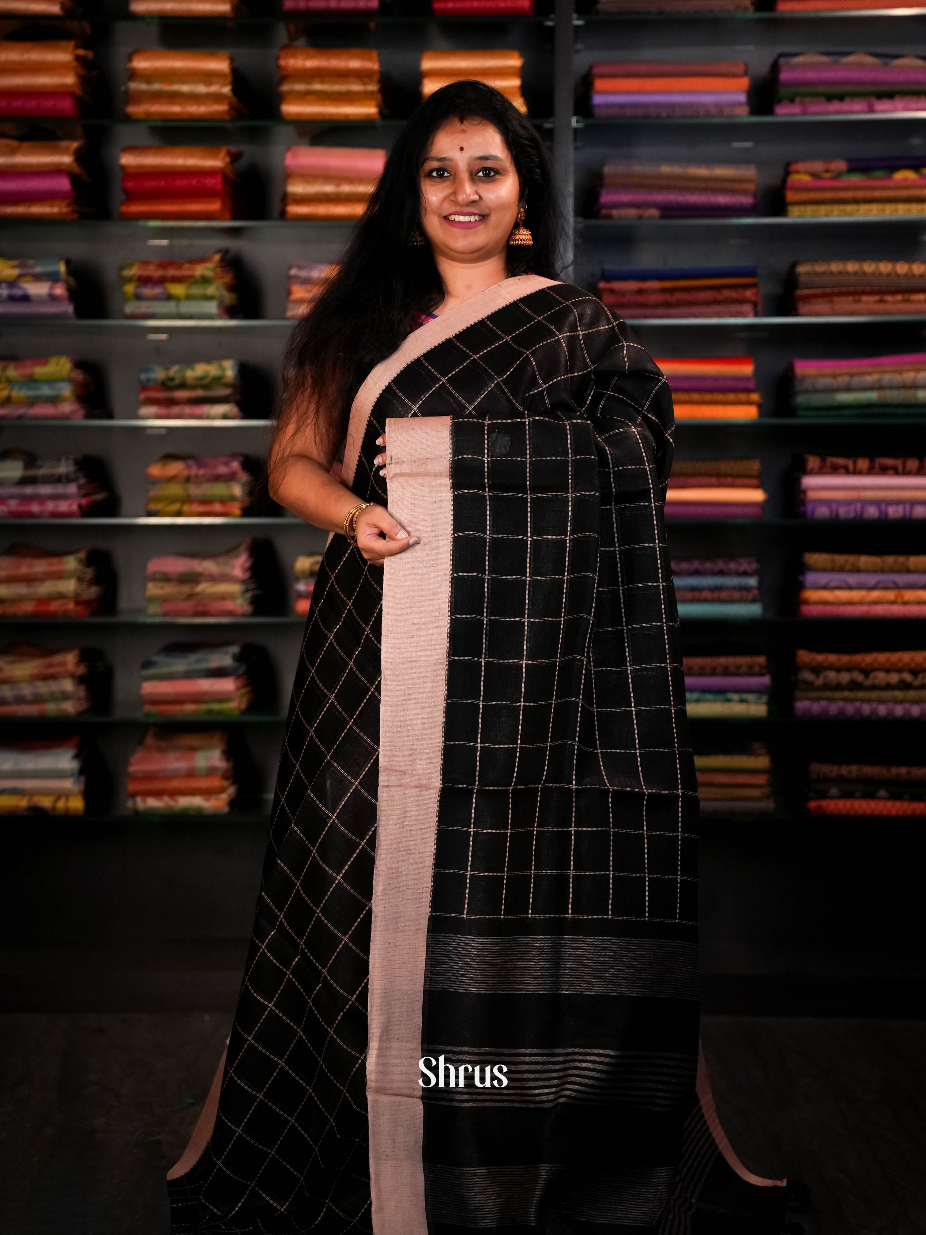 Black & Cream - Linen Saree Saree - Shop on ShrusEternity.com