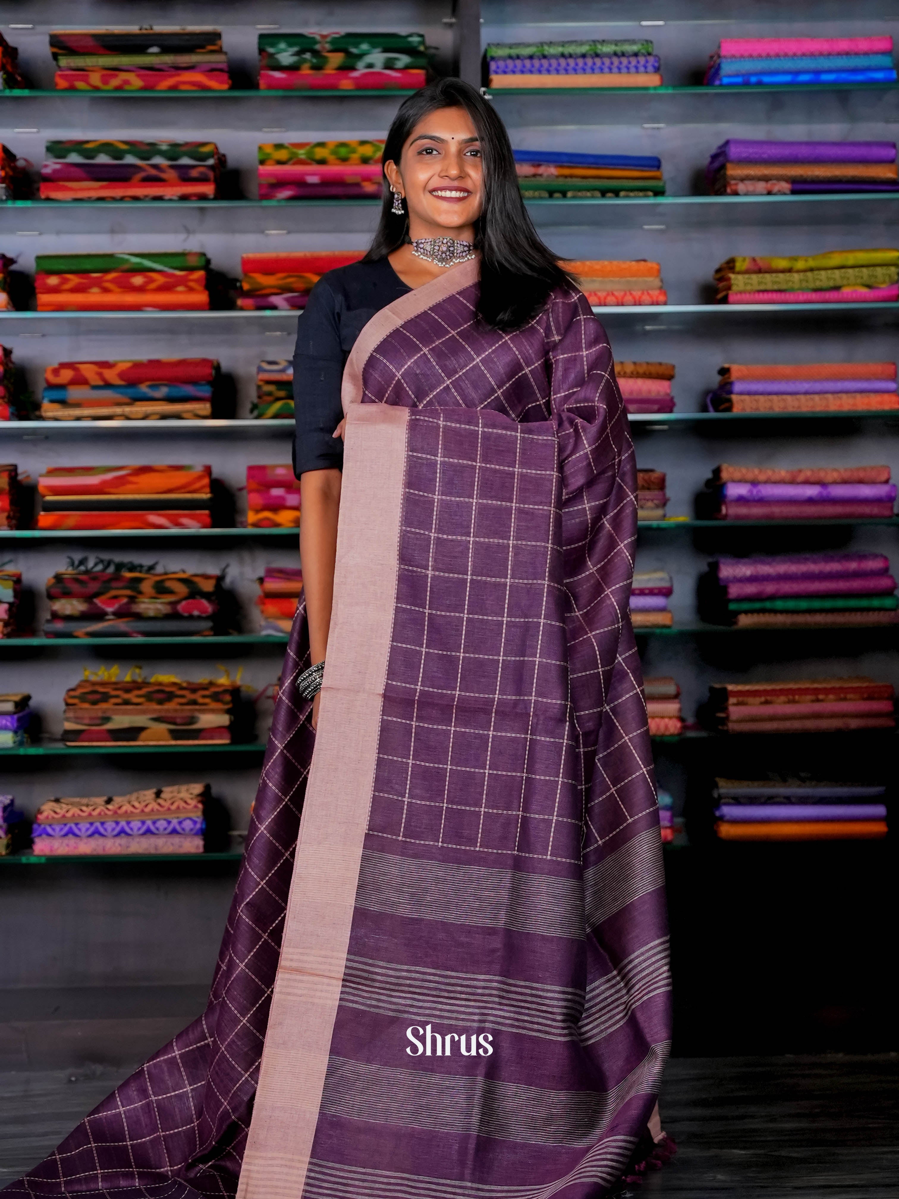 Purple & Dusty Pink - Linen Saree - Shop on ShrusEternity.com