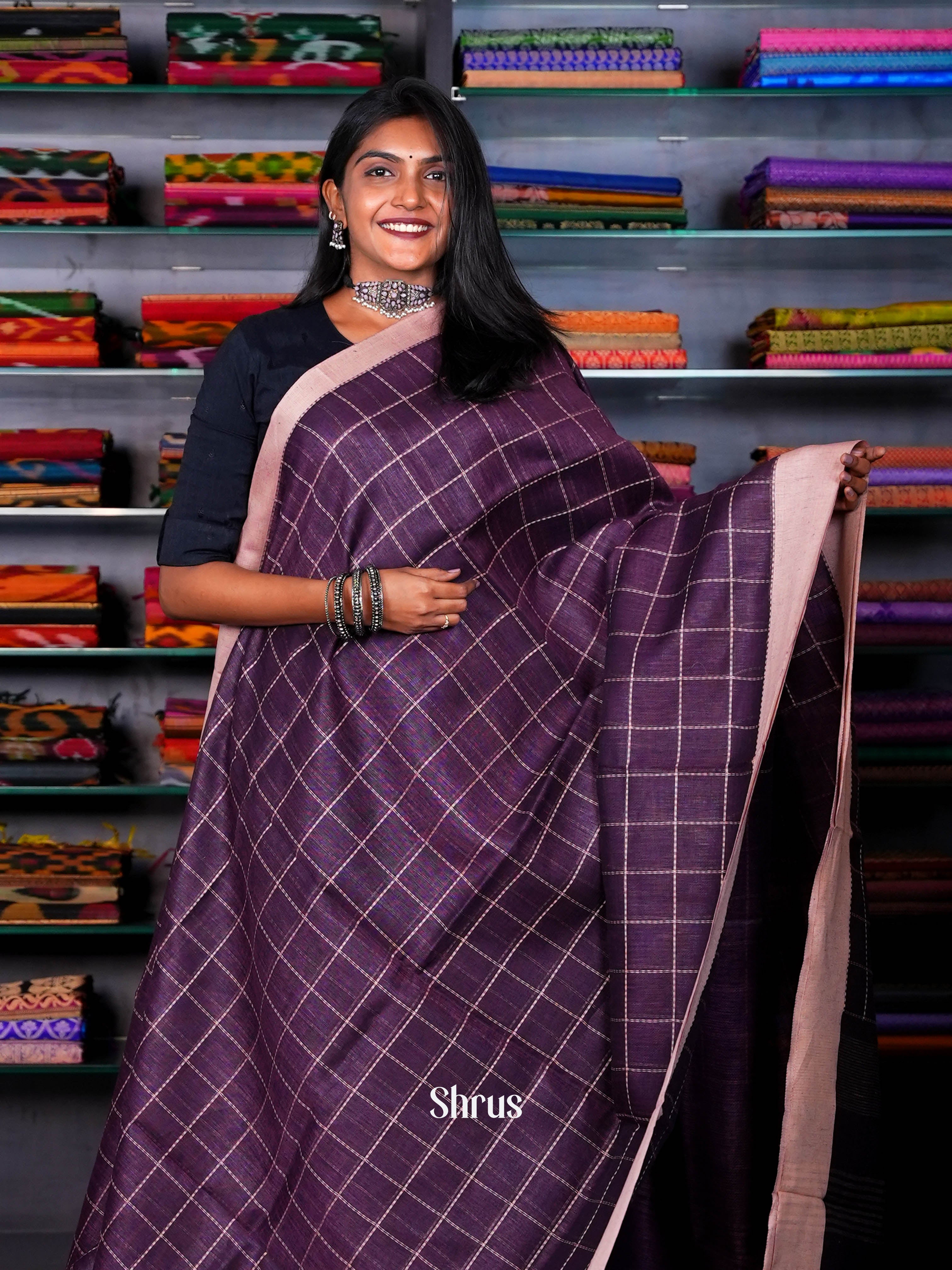 Purple & Dusty Pink - Linen Saree - Shop on ShrusEternity.com
