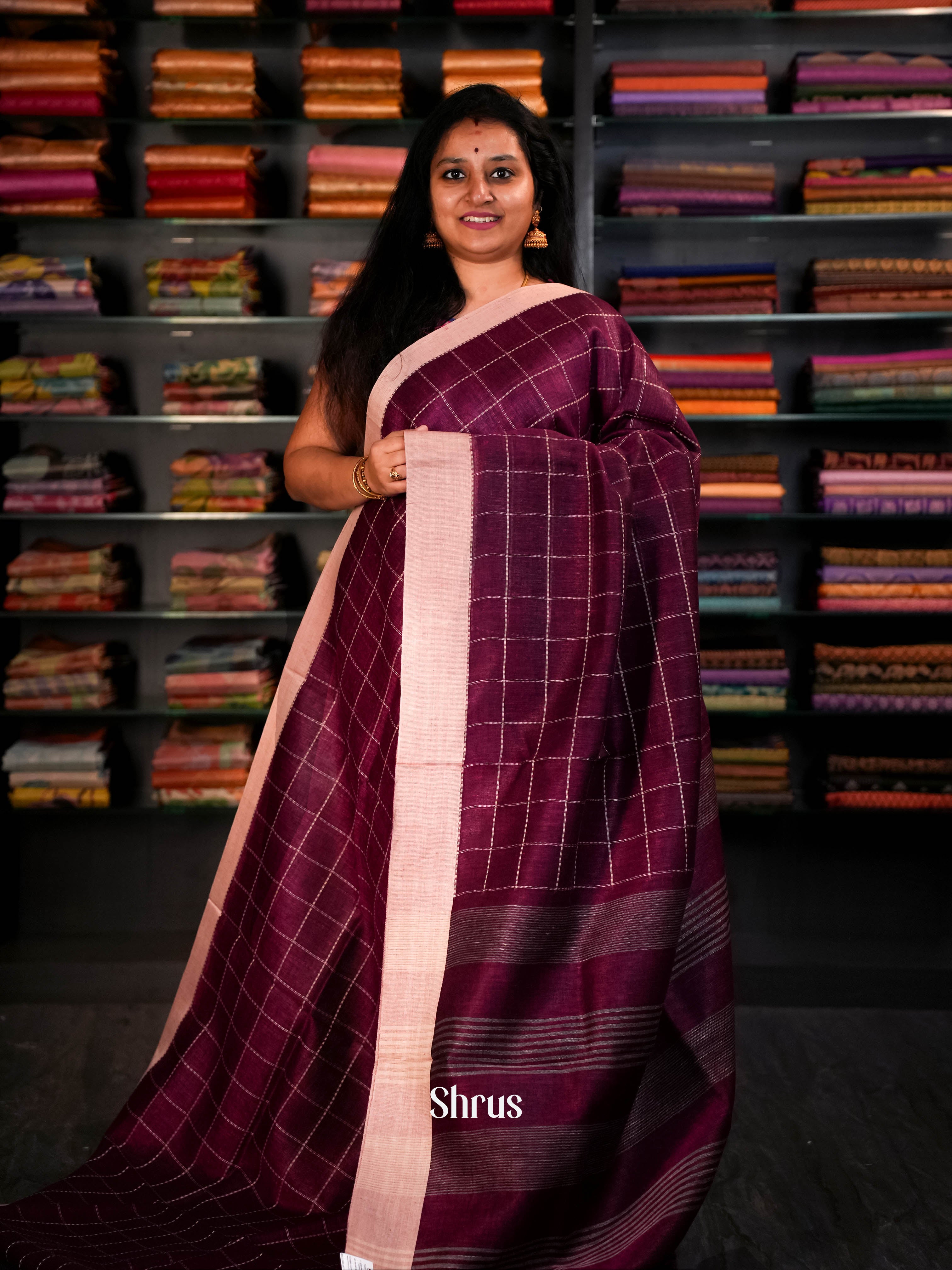 Dark Magenta - Linen Saree Saree - Shop on ShrusEternity.com