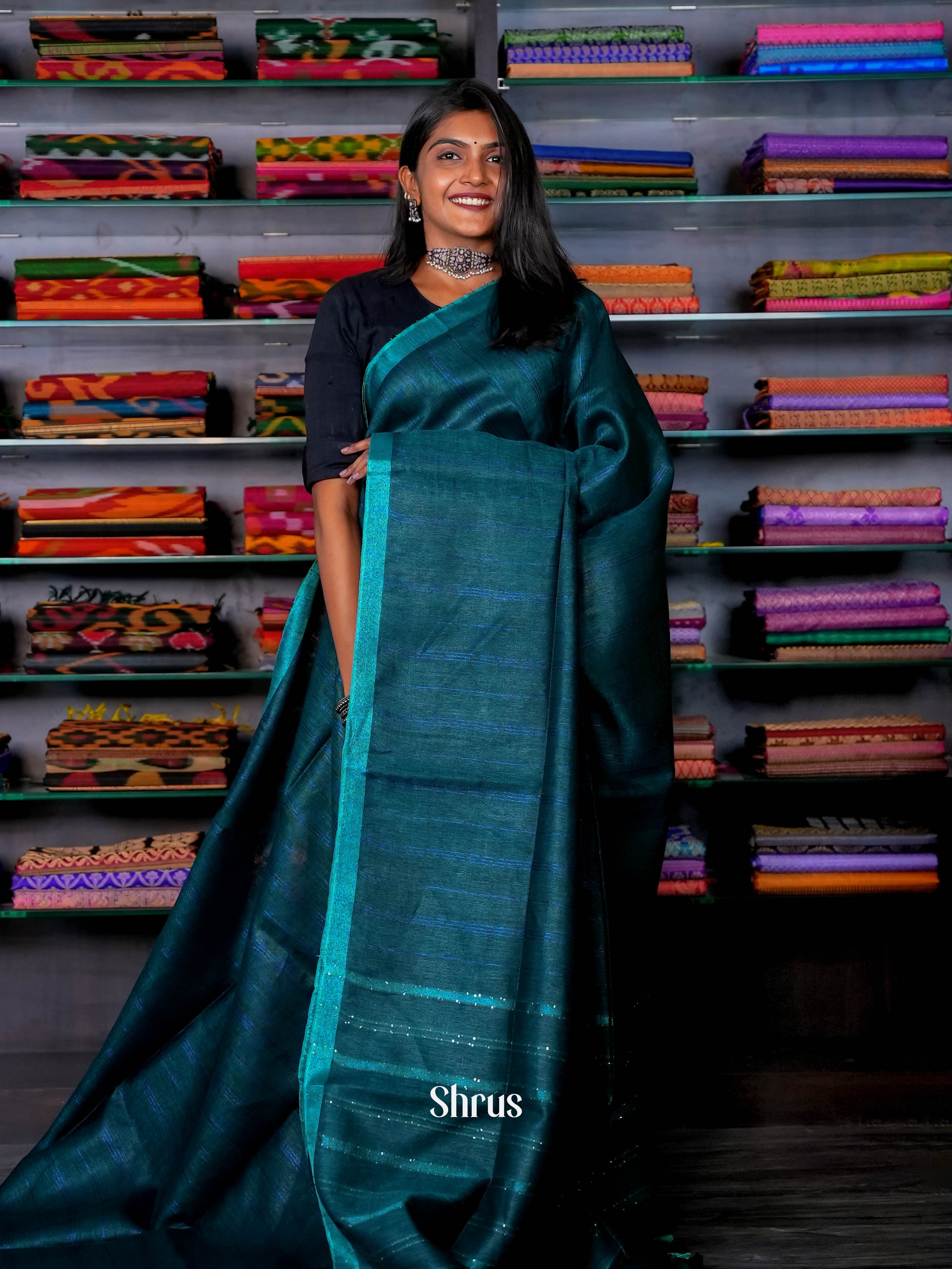 Peacock Green - Linen Saree - Shop on ShrusEternity.com
