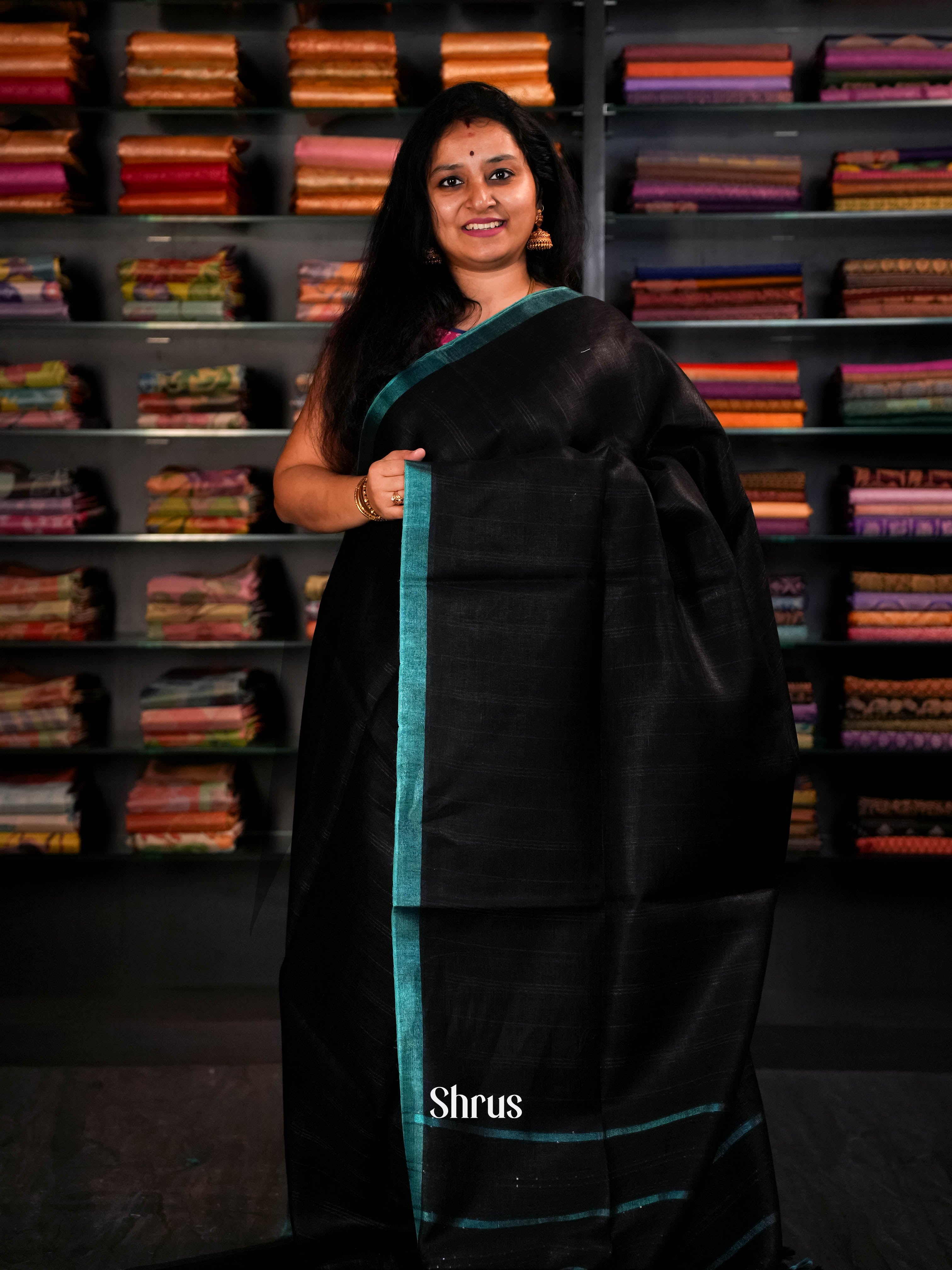Black - Linen Saree Saree - Shop on ShrusEternity.com