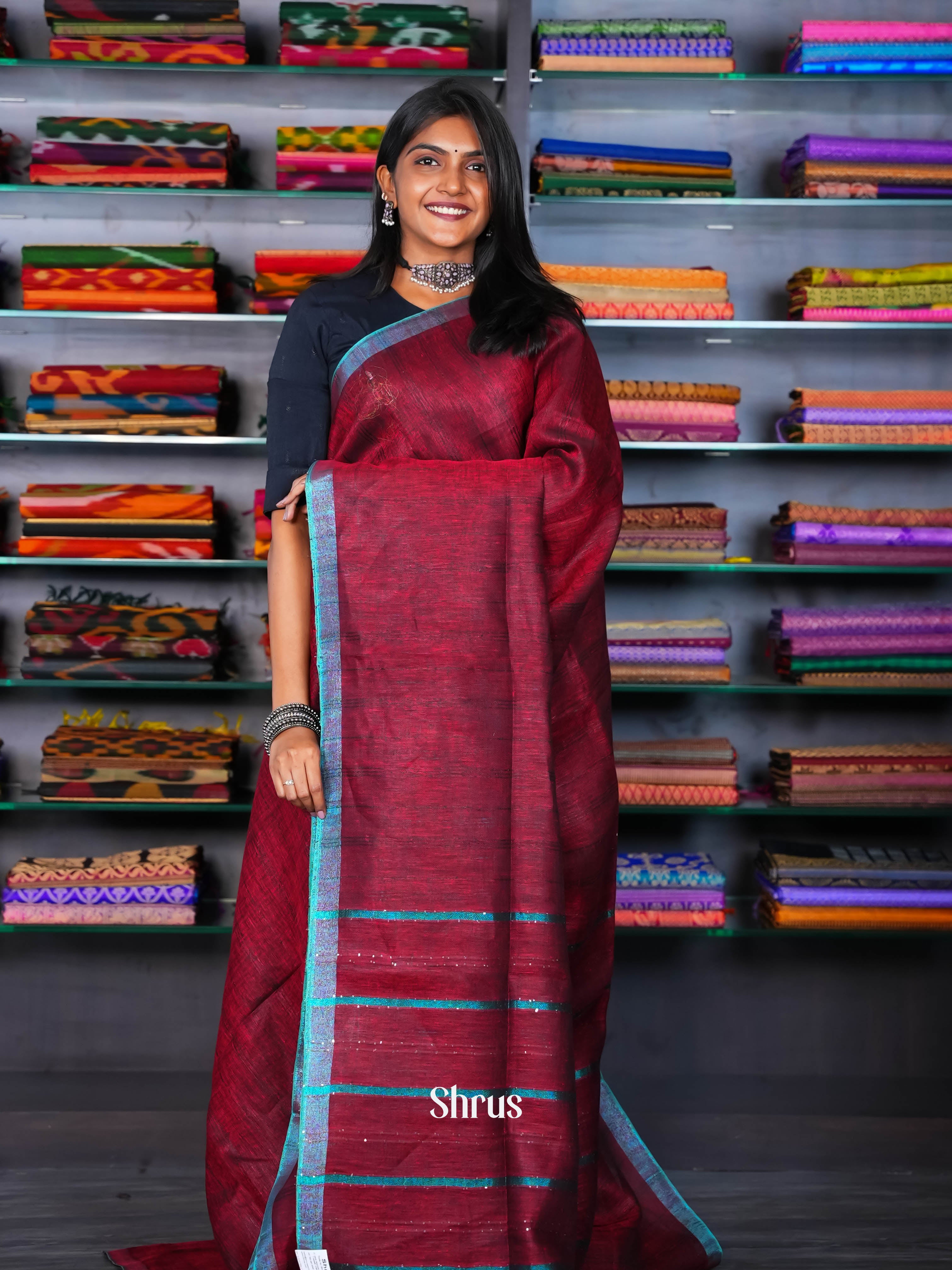 Maroon & Blue - Linen Saree - Shop on ShrusEternity.com