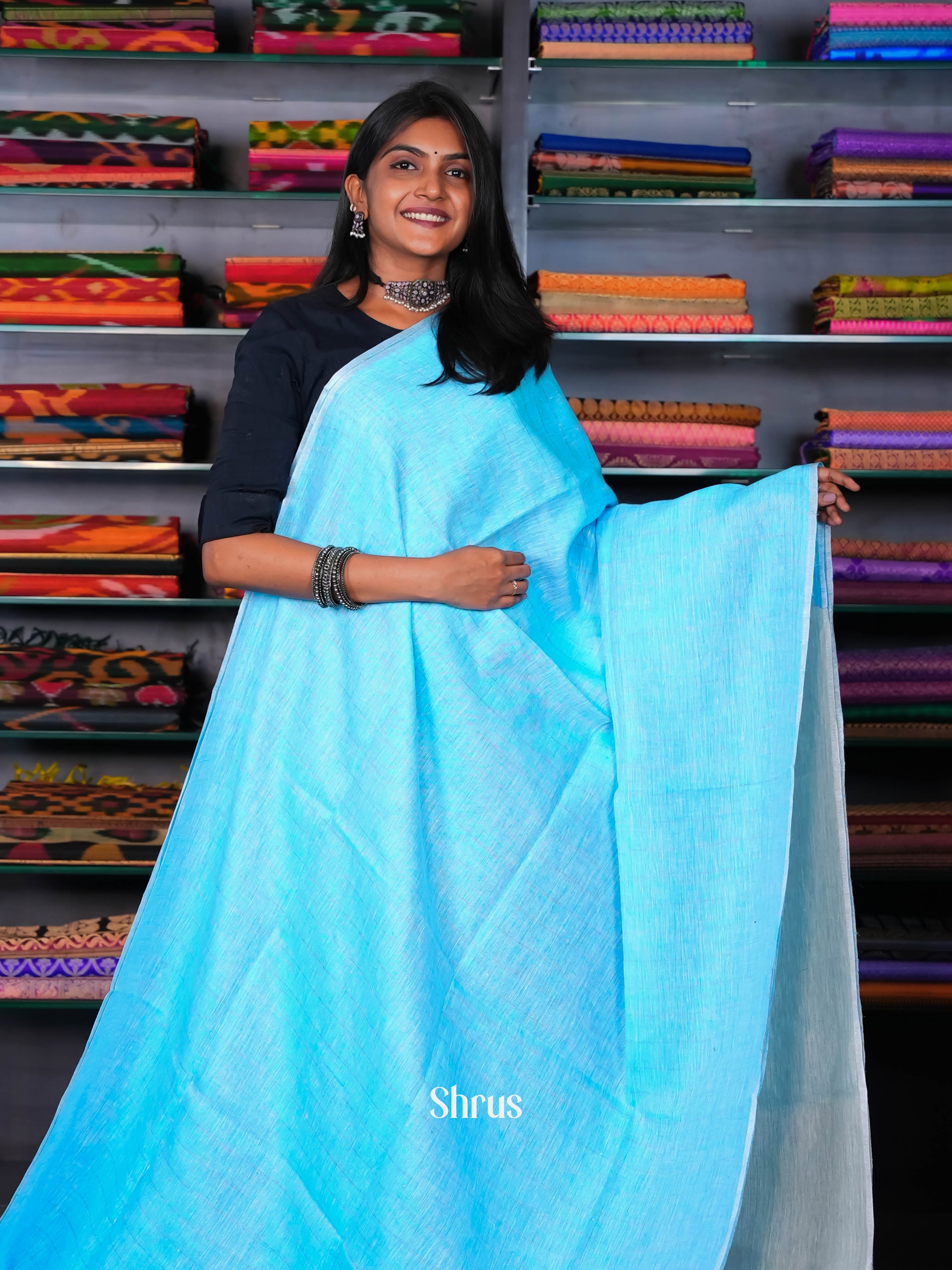 Sky Blue & Grey - Linen Saree - Shop on ShrusEternity.com