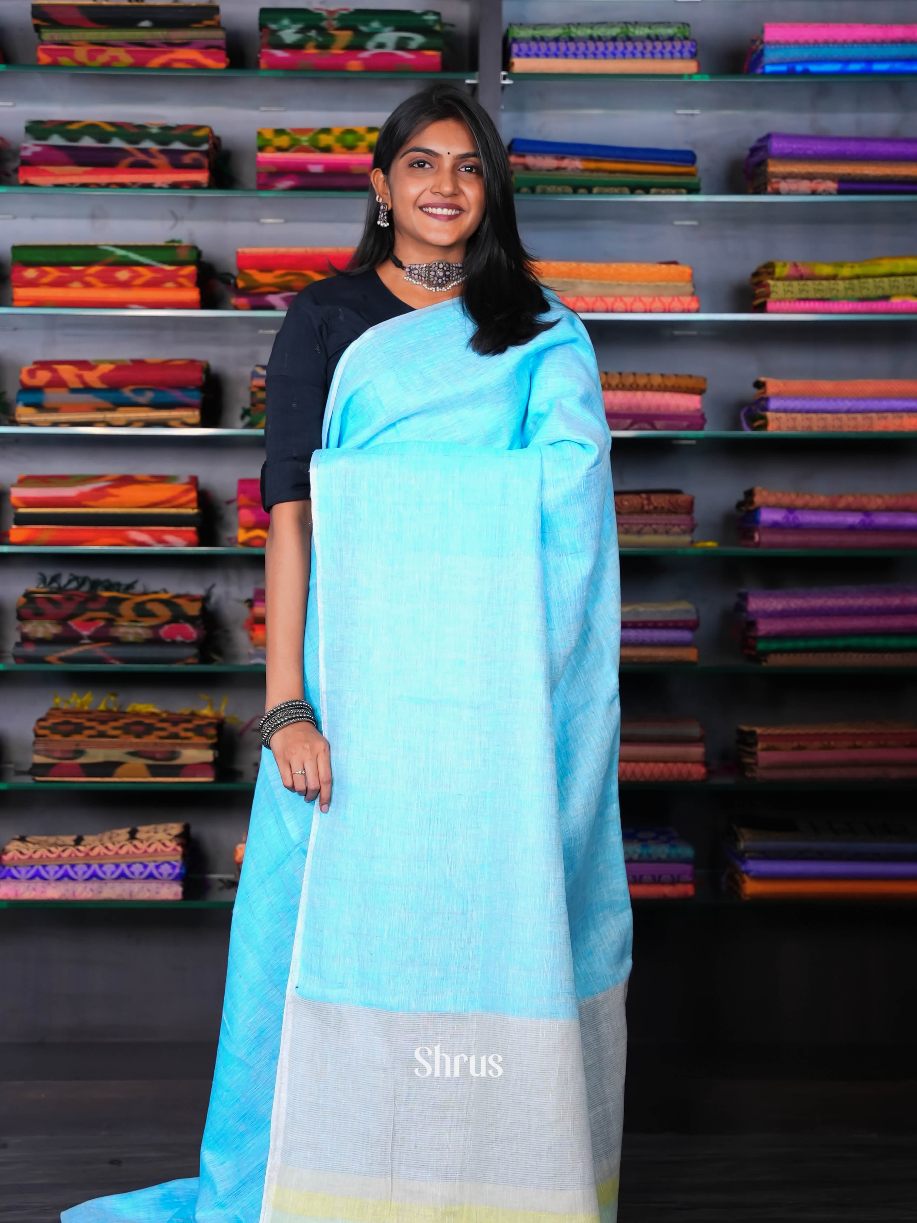 Sky Blue & Grey - Linen Saree - Shop on ShrusEternity.com