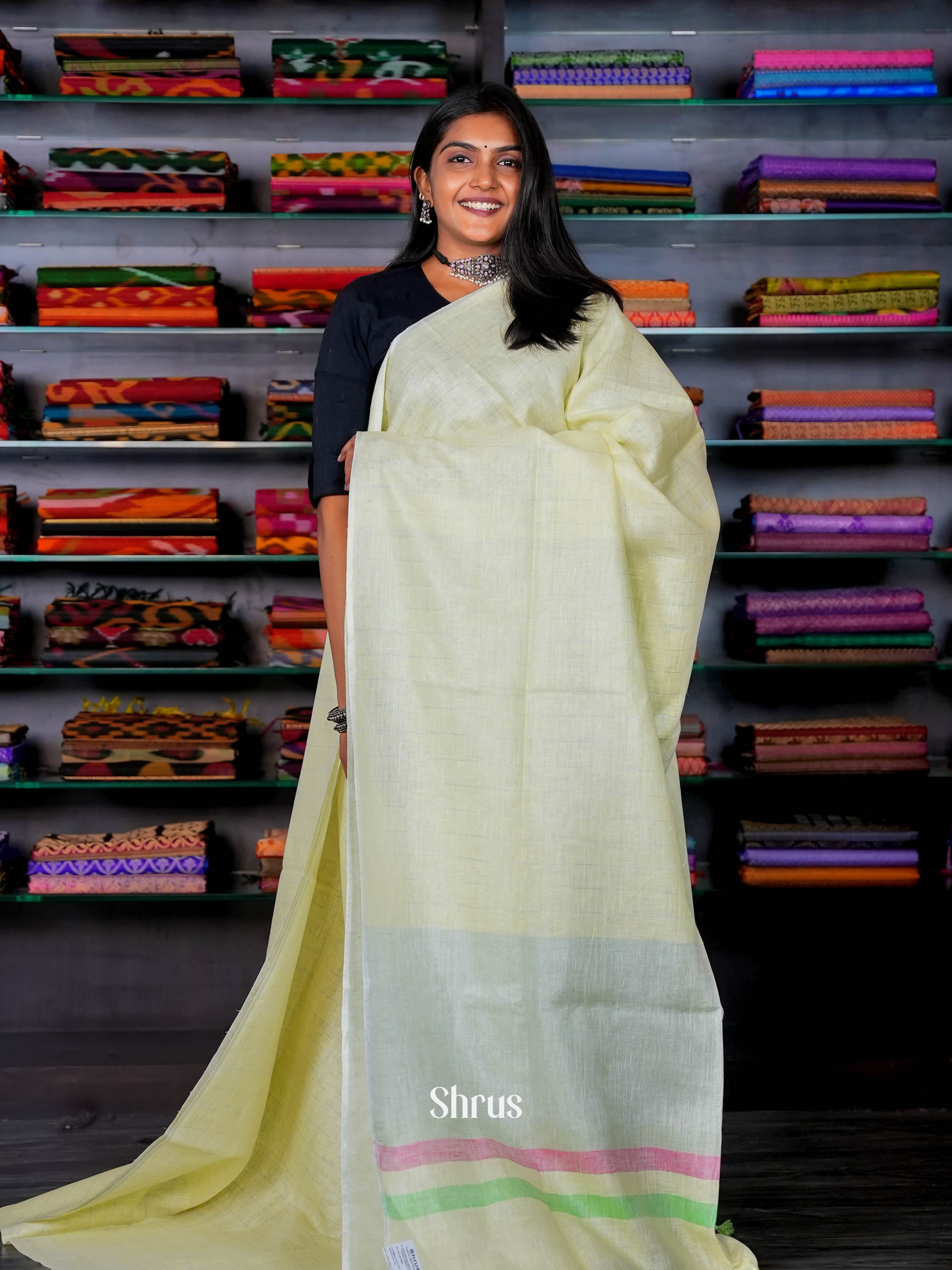 Green - Linen Saree - Shop on ShrusEternity.com