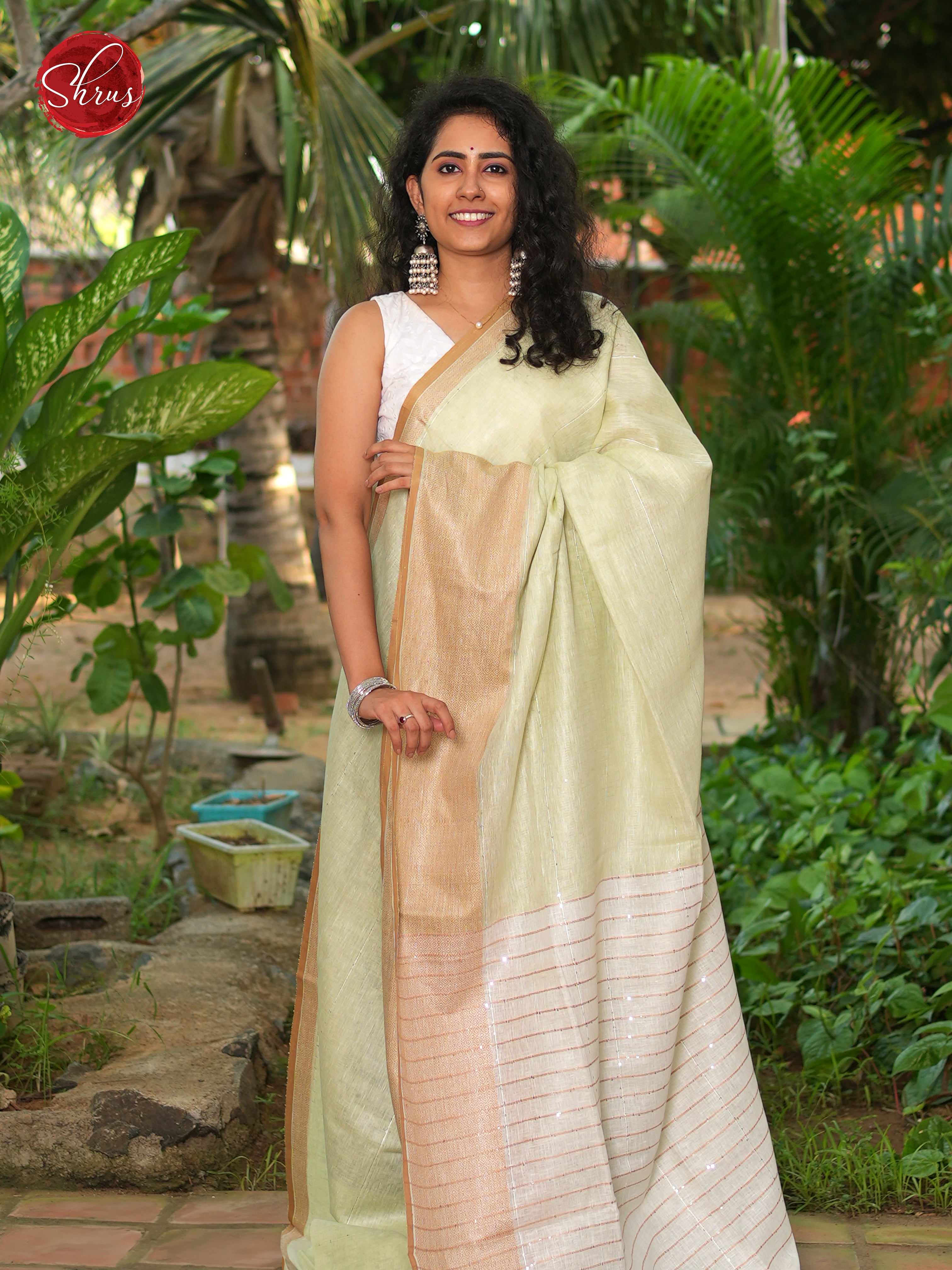 Green & Beige - Linen Saree - Shop on ShrusEternity.com