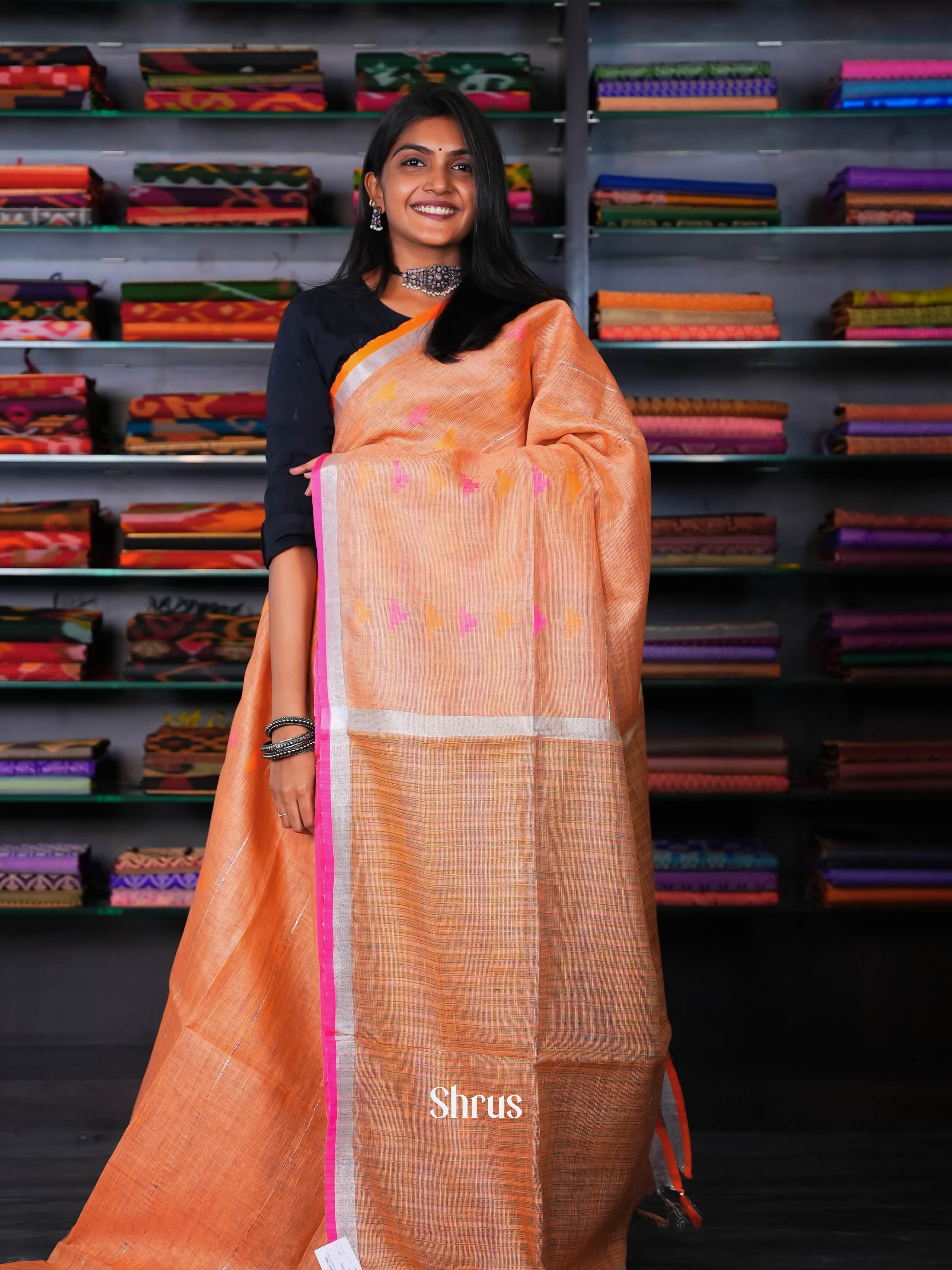 Peach - Linen Saree - Shop on ShrusEternity.com