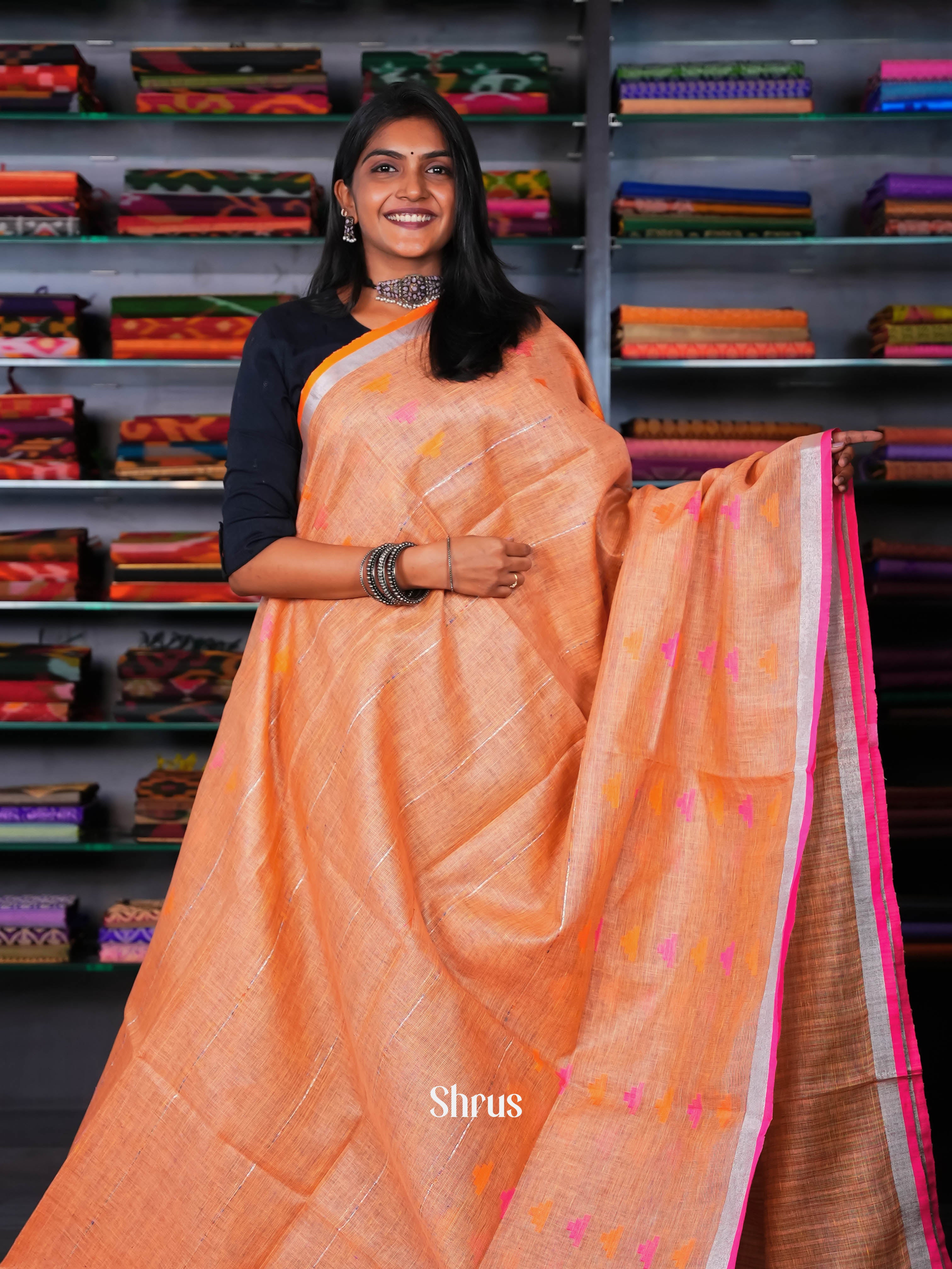 Peach - Linen Saree - Shop on ShrusEternity.com