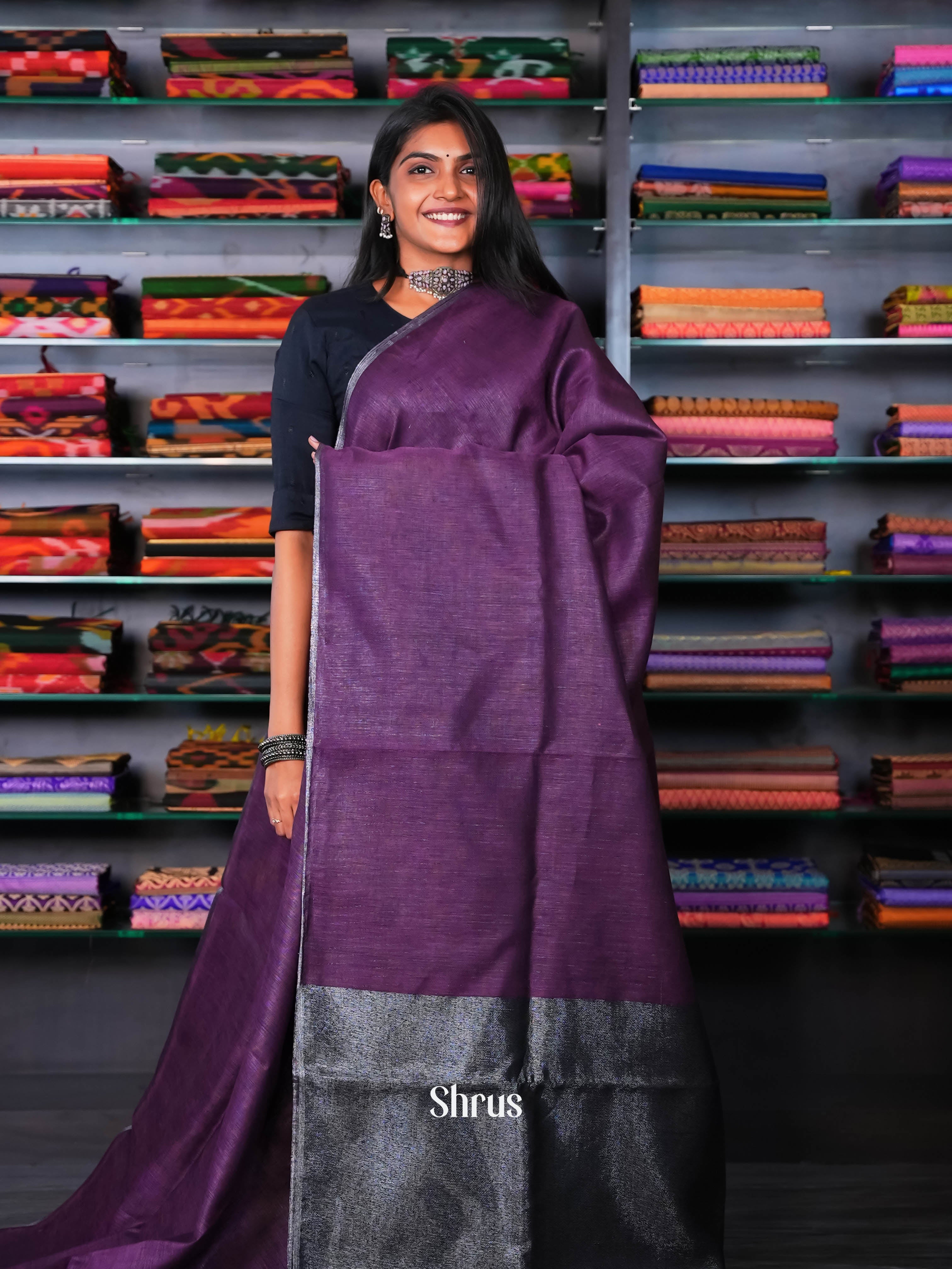 Purple - Linen Saree - Shop on ShrusEternity.com