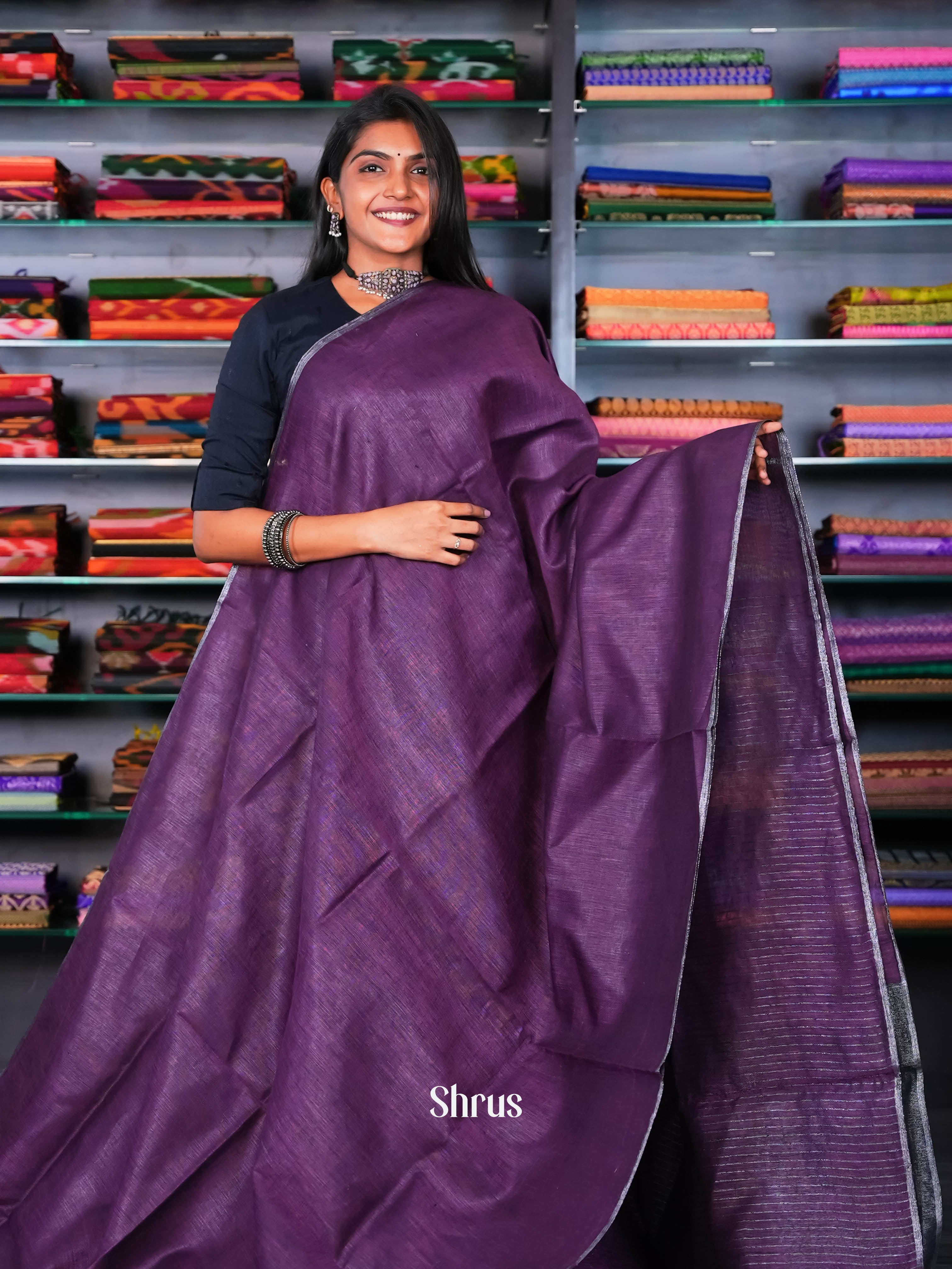 Purple - Linen Saree - Shop on ShrusEternity.com