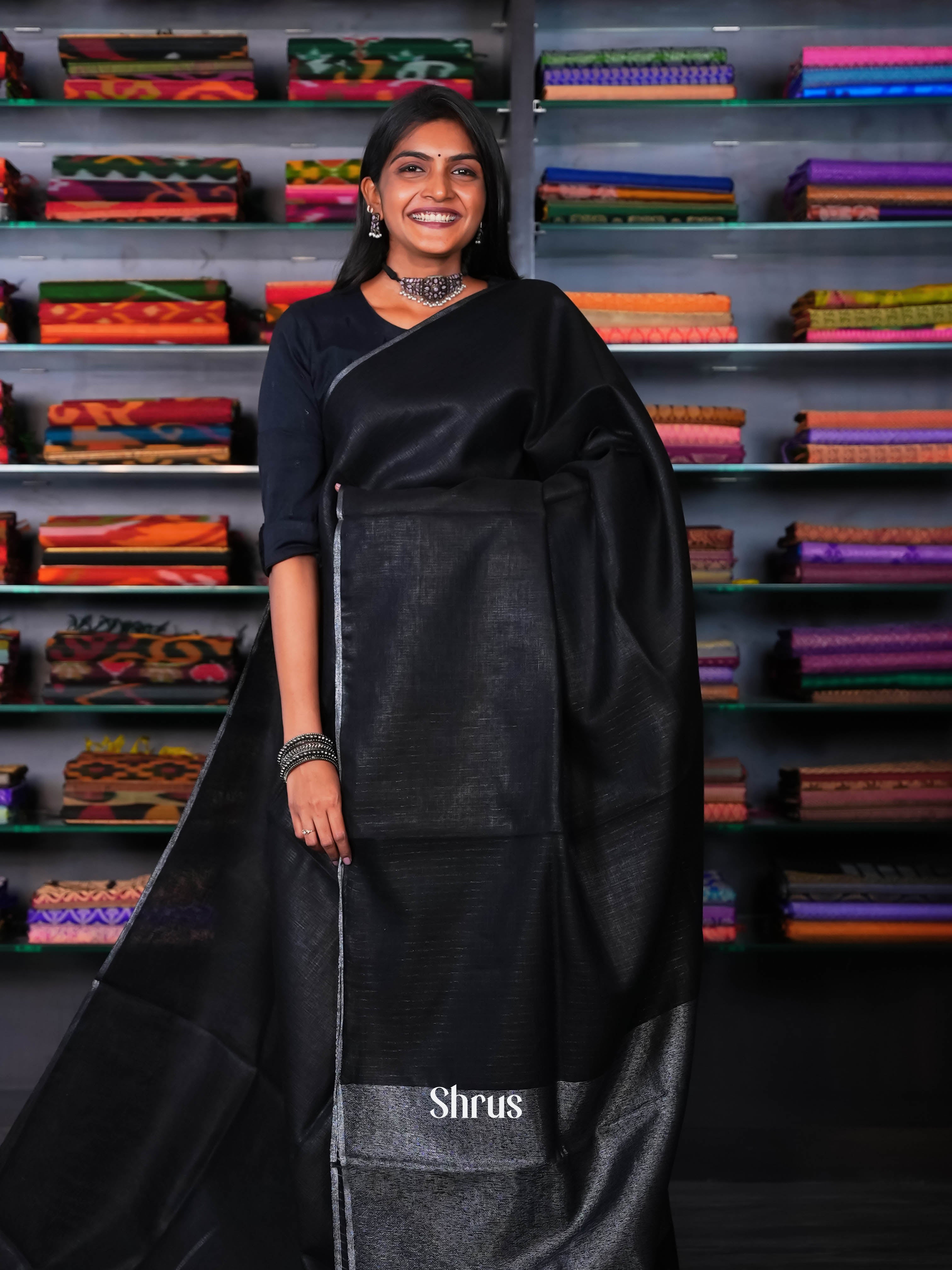 Black- Linen Saree - Shop on ShrusEternity.com