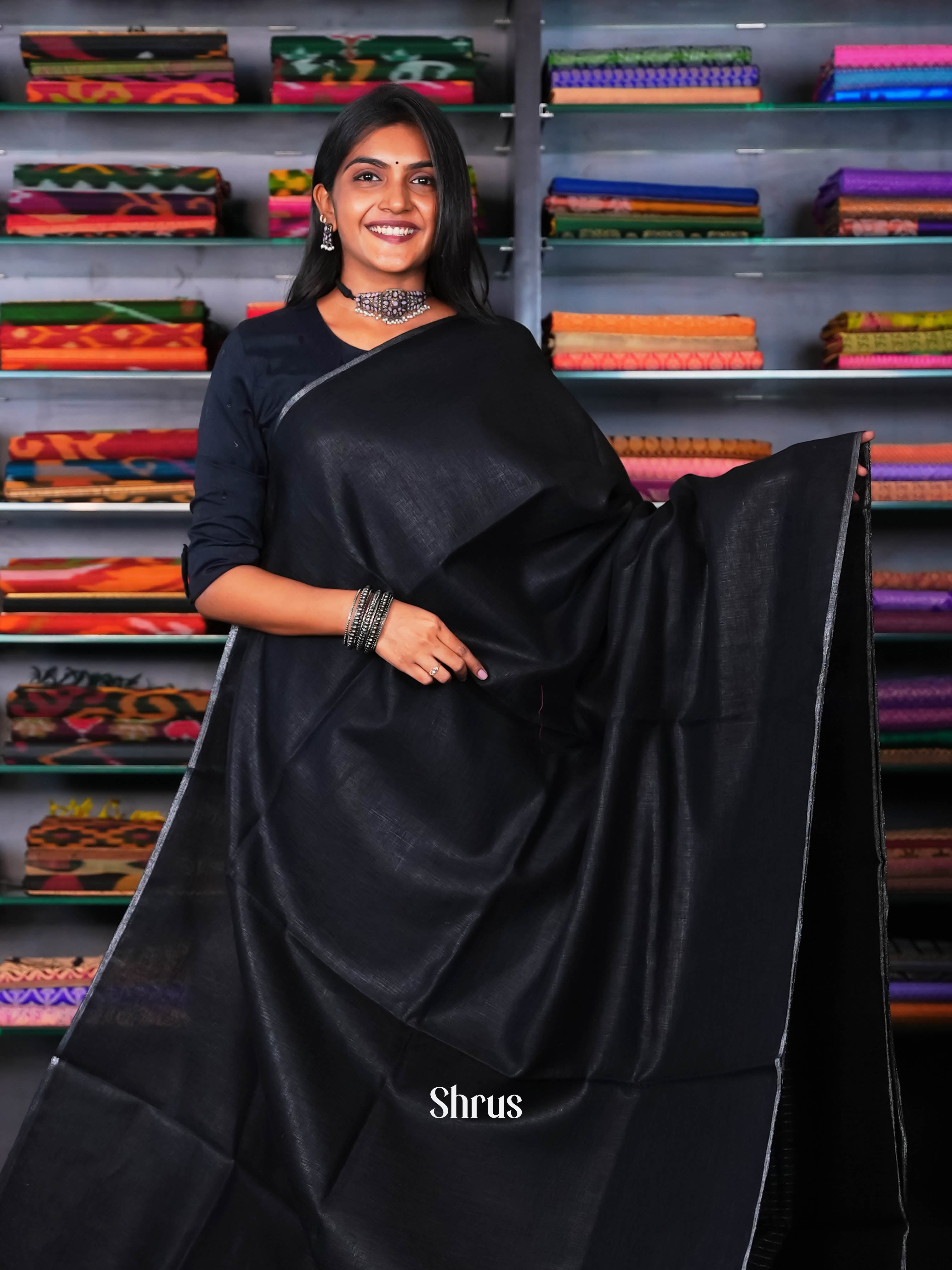 Black- Linen Saree - Shop on ShrusEternity.com