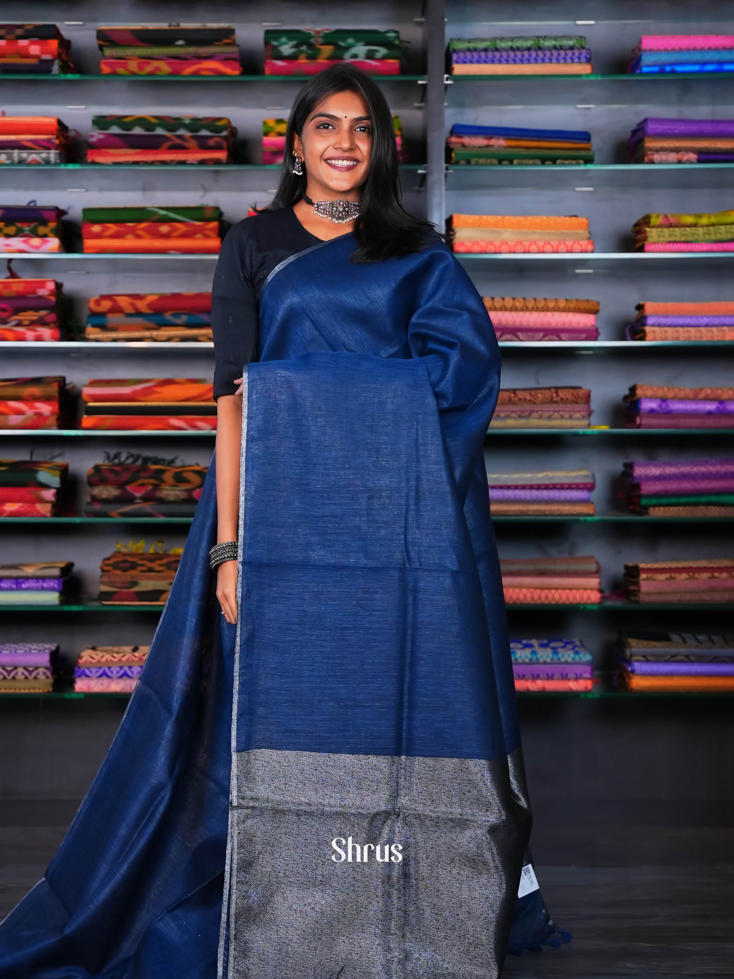 blue - Linen Saree - Shop on ShrusEternity.com