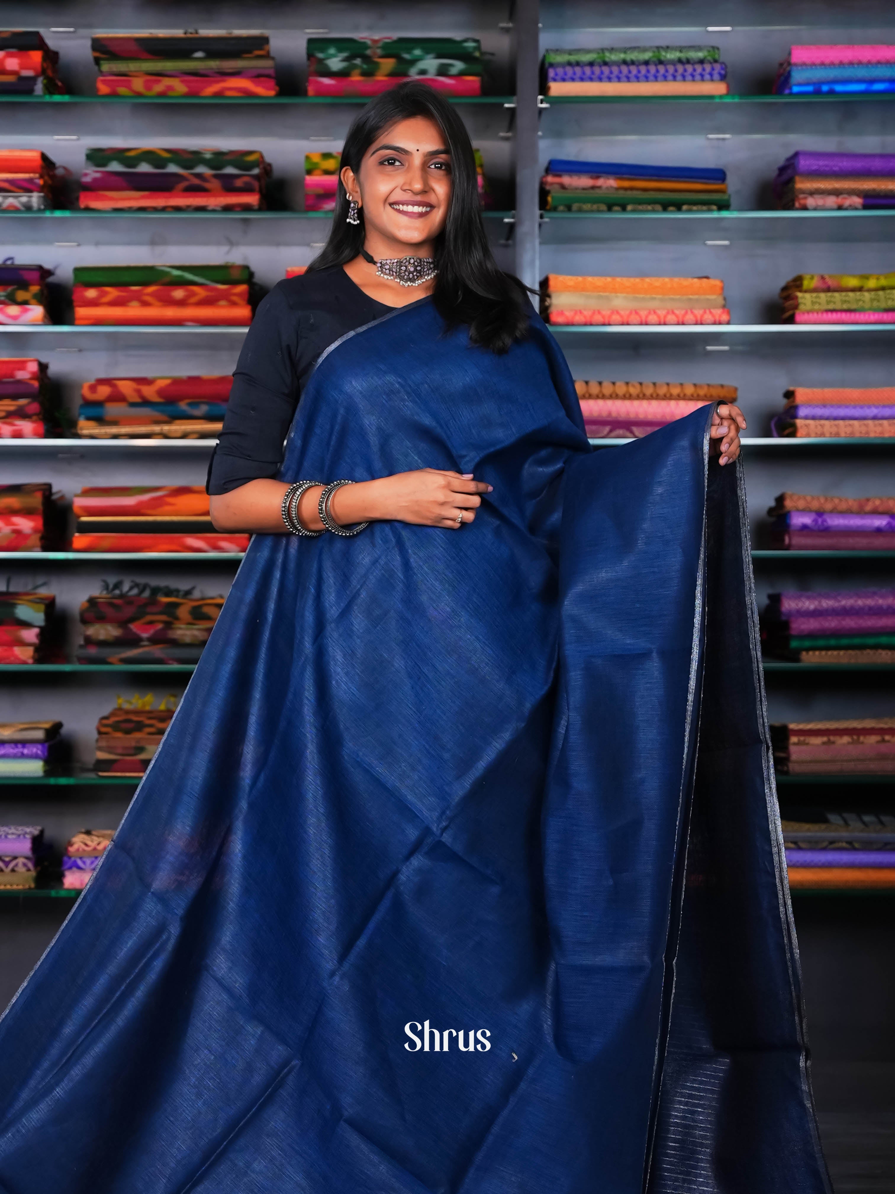 blue - Linen Saree - Shop on ShrusEternity.com
