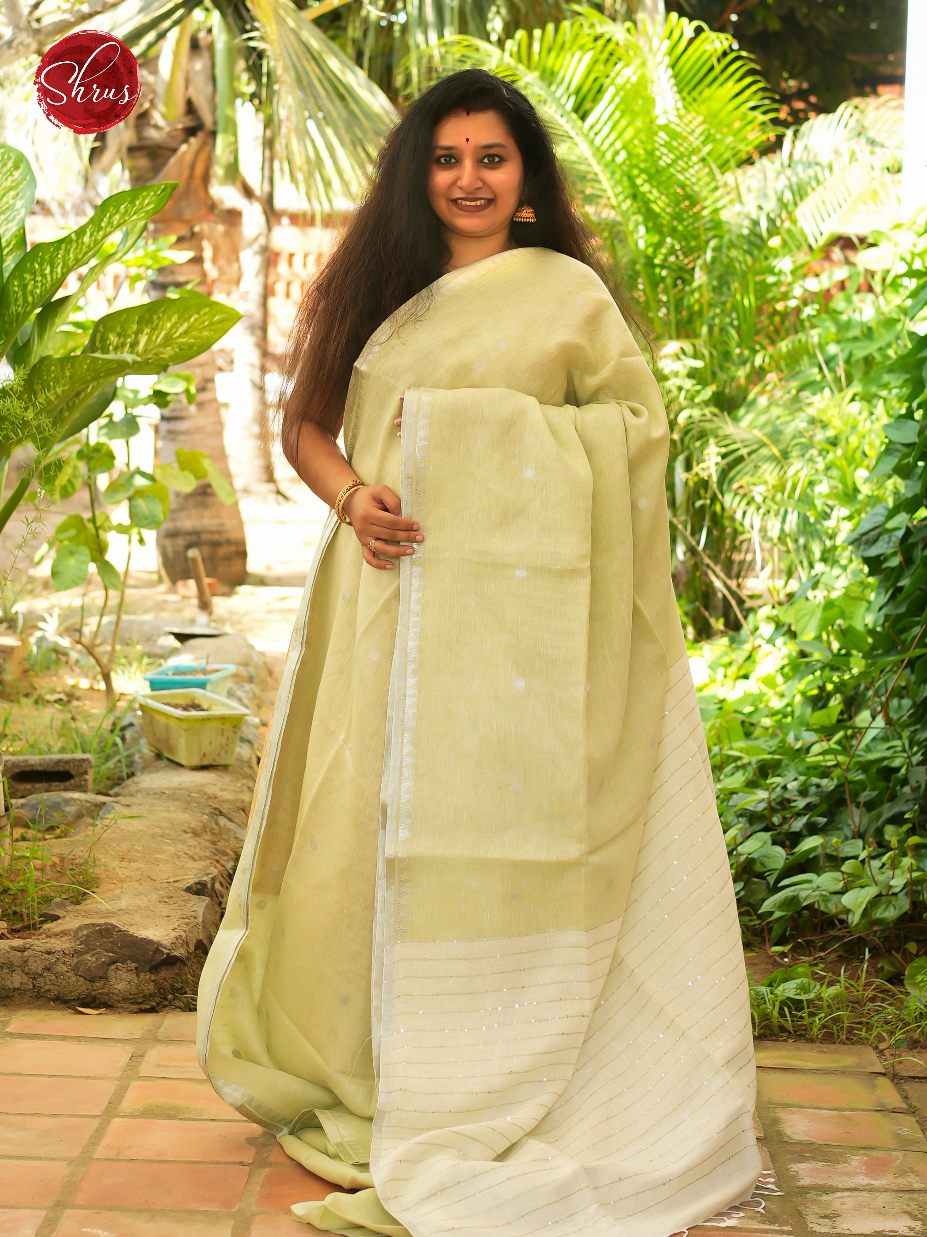 Green & Cream - Linen Saree - Shop on ShrusEternity.com