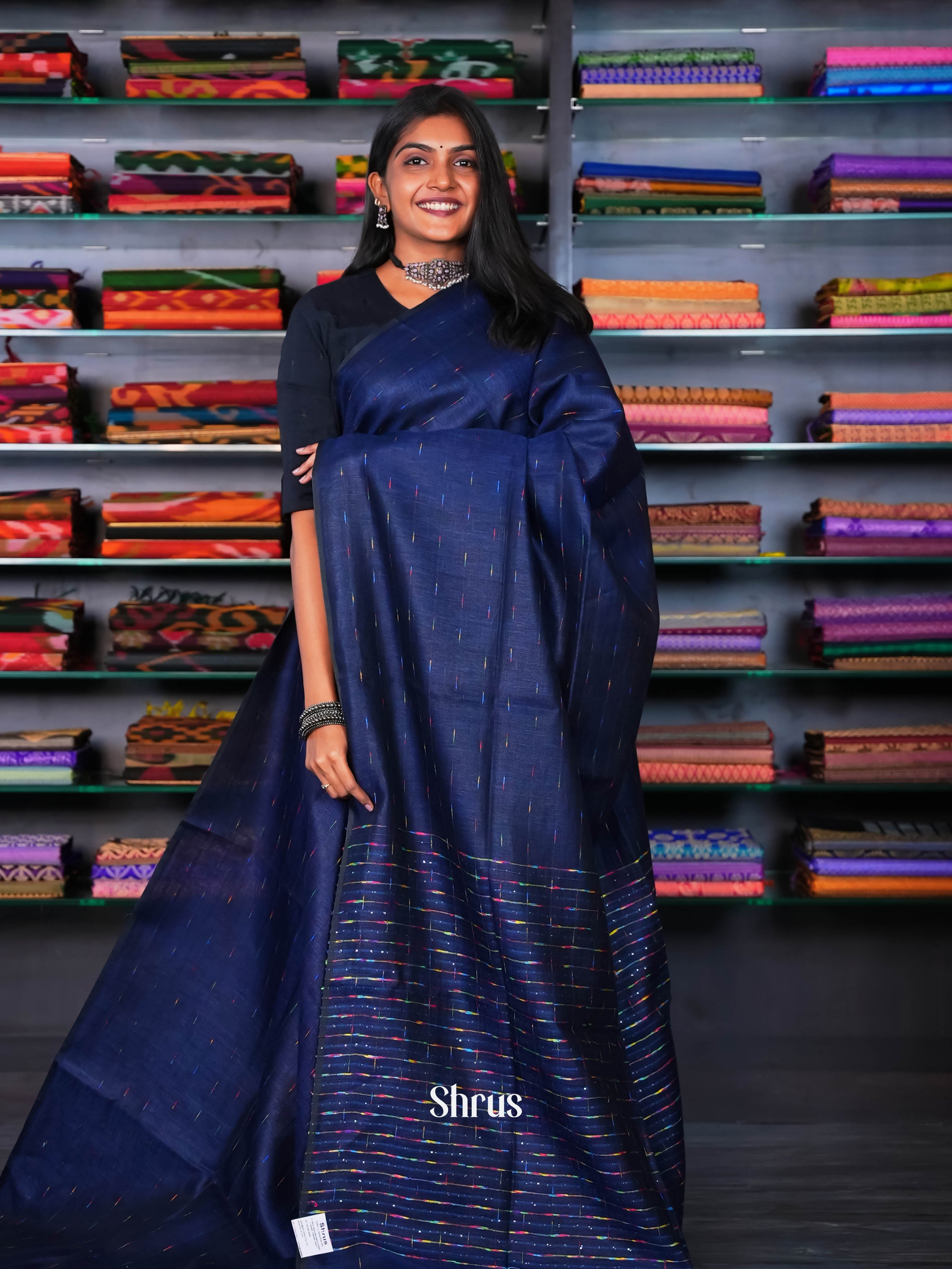 Blue - Linen Saree - Shop on ShrusEternity.com