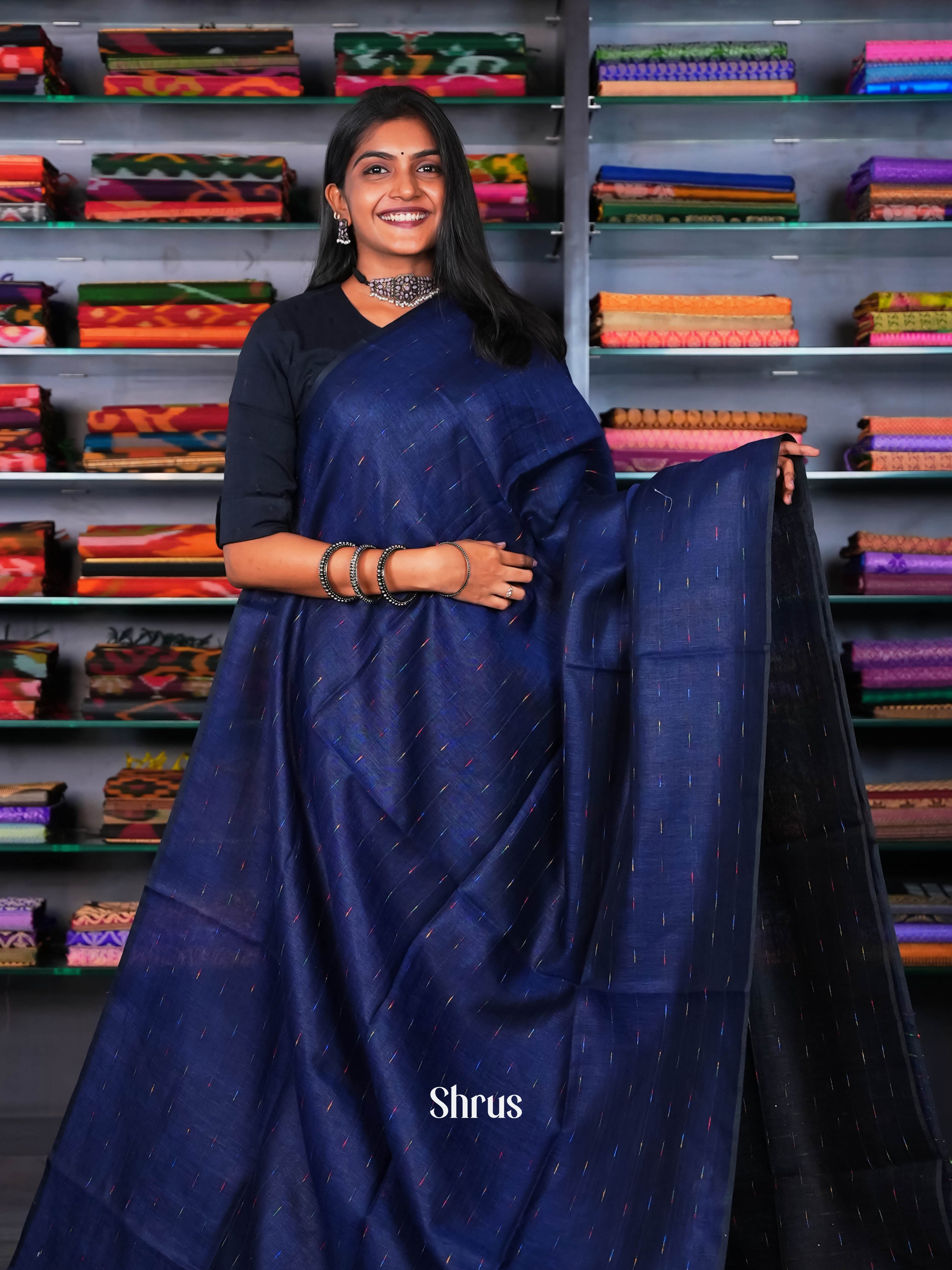 Blue - Linen Saree - Shop on ShrusEternity.com
