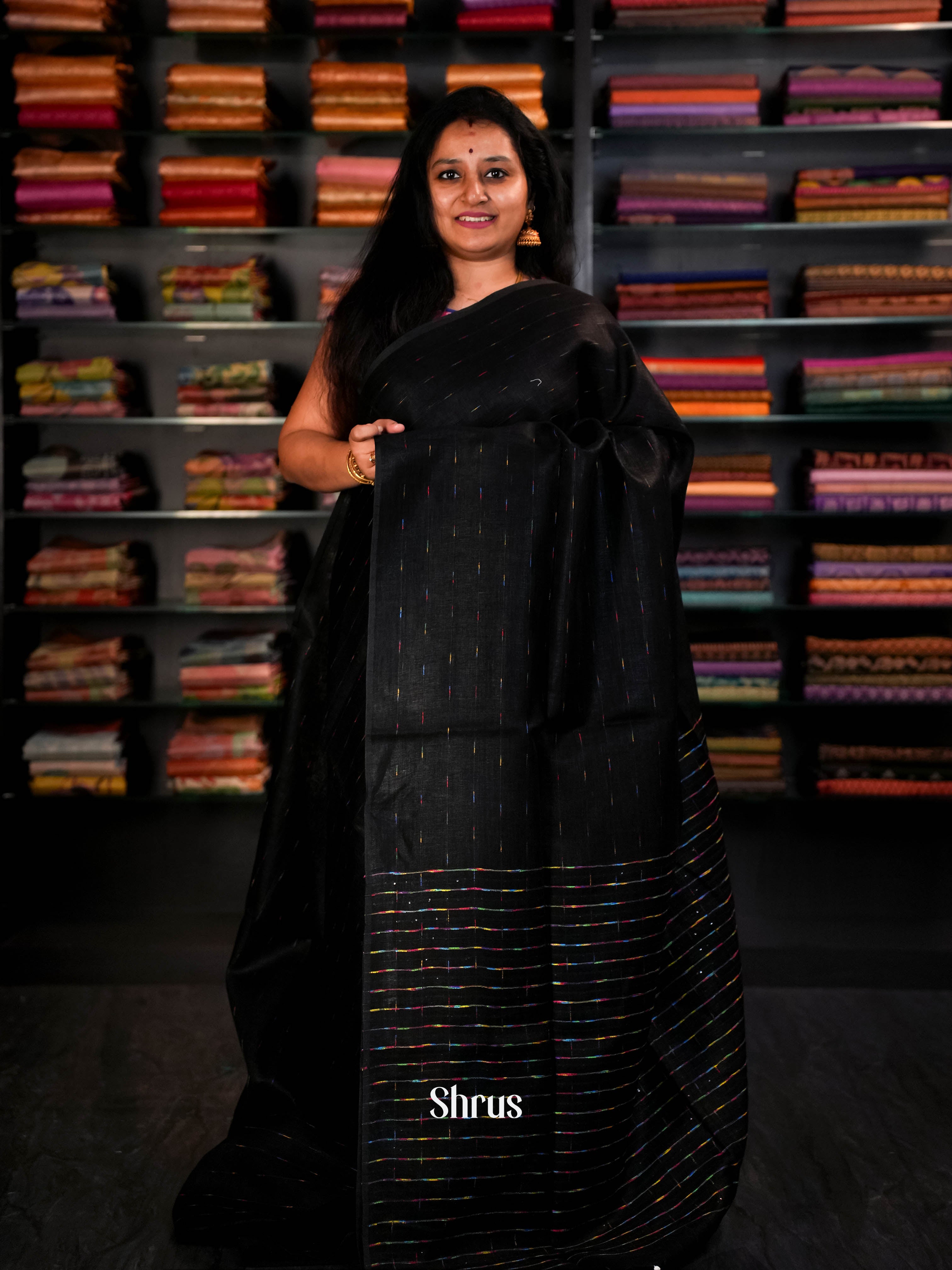 Black - Linen Saree Saree - Shop on ShrusEternity.com