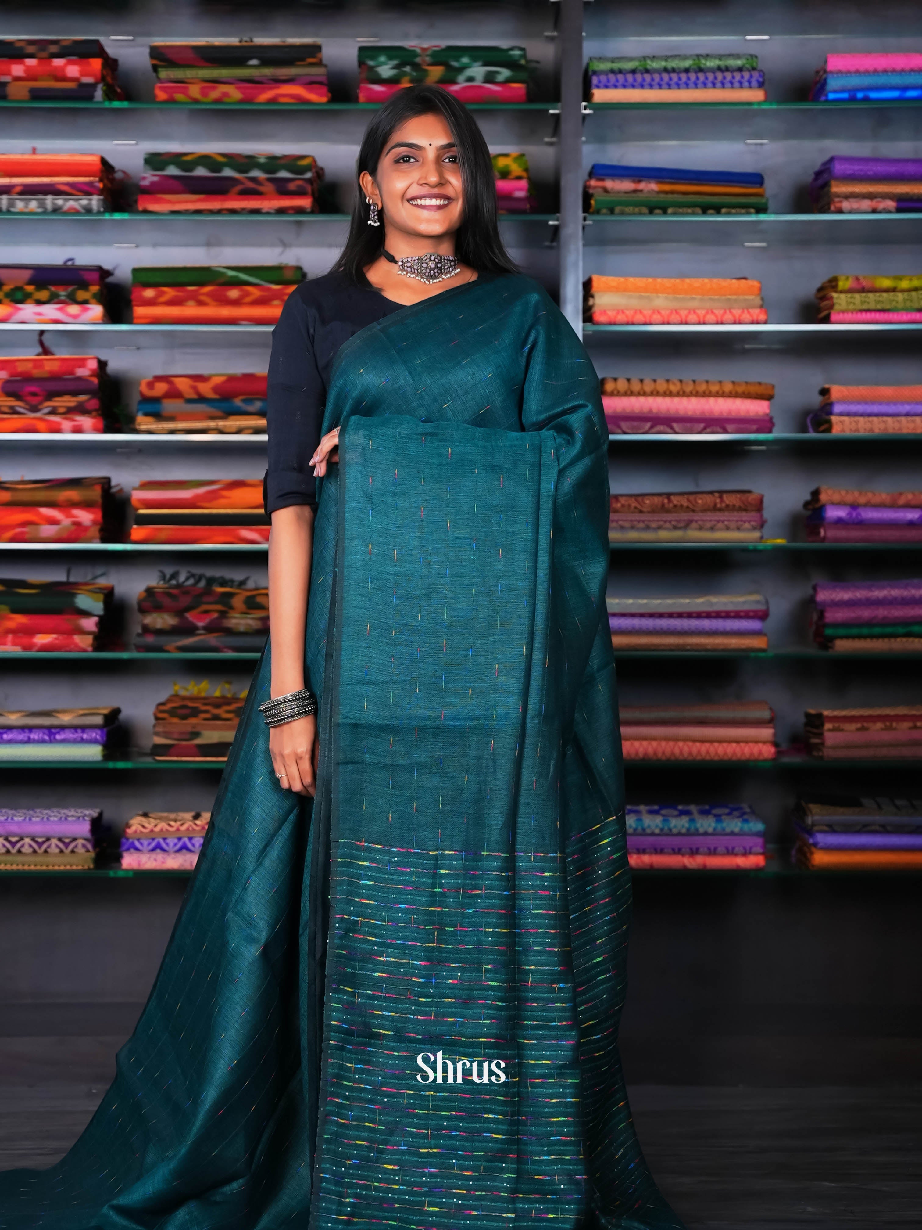 Peacock Green - Linen Saree - Shop on ShrusEternity.com