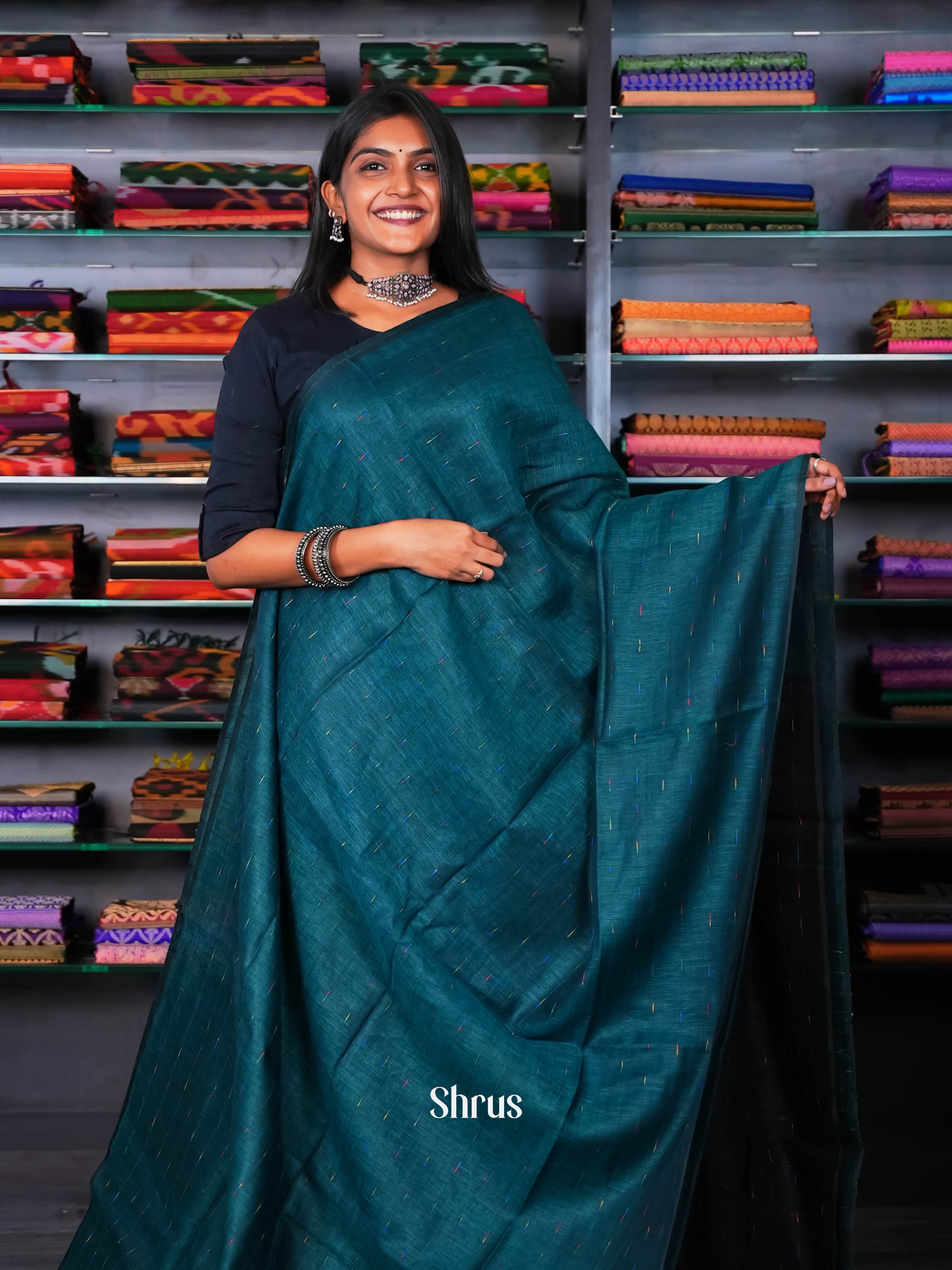 Peacock Green - Linen Saree - Shop on ShrusEternity.com