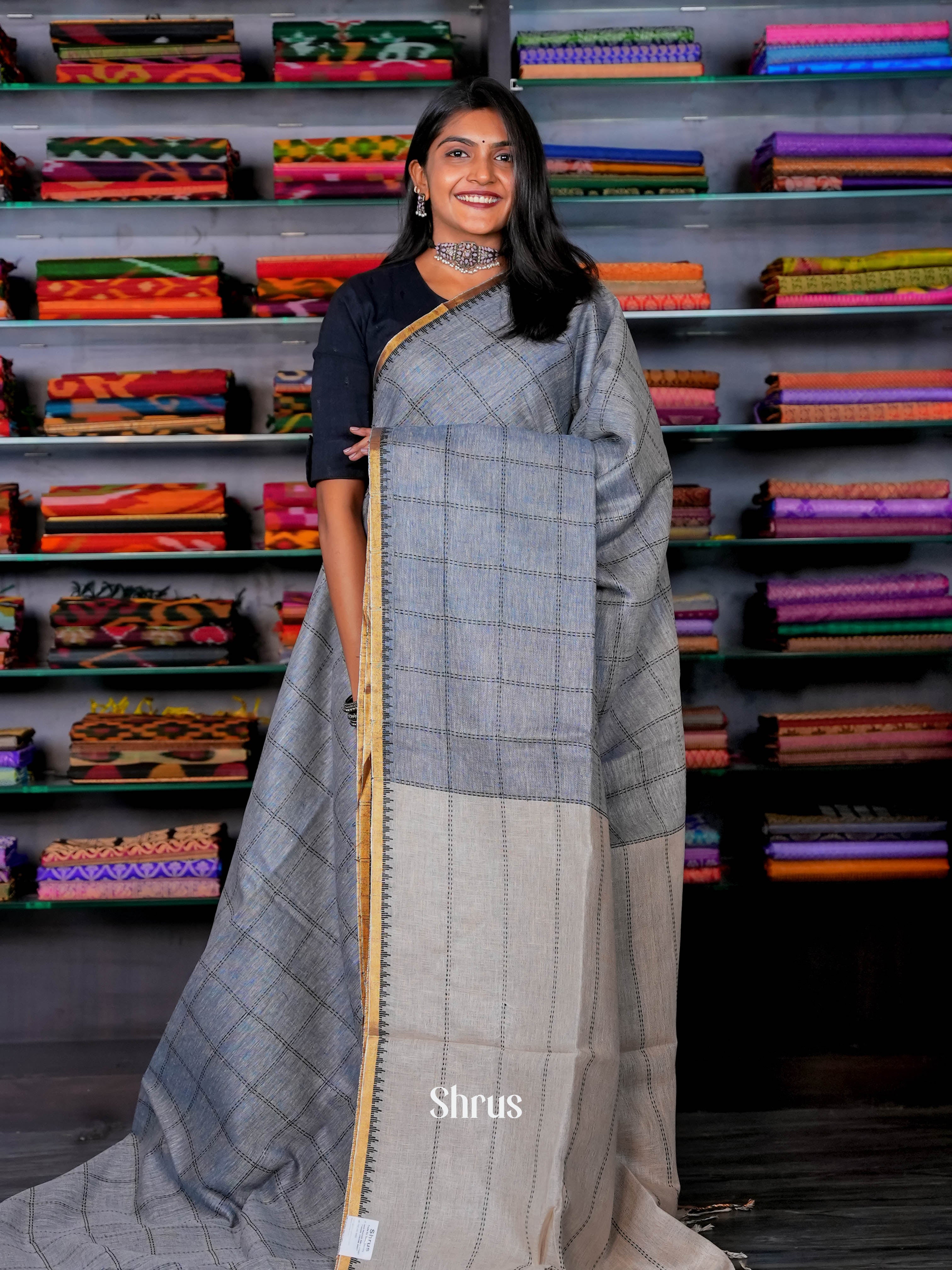 Grey - Linen Saree - Shop on ShrusEternity.com