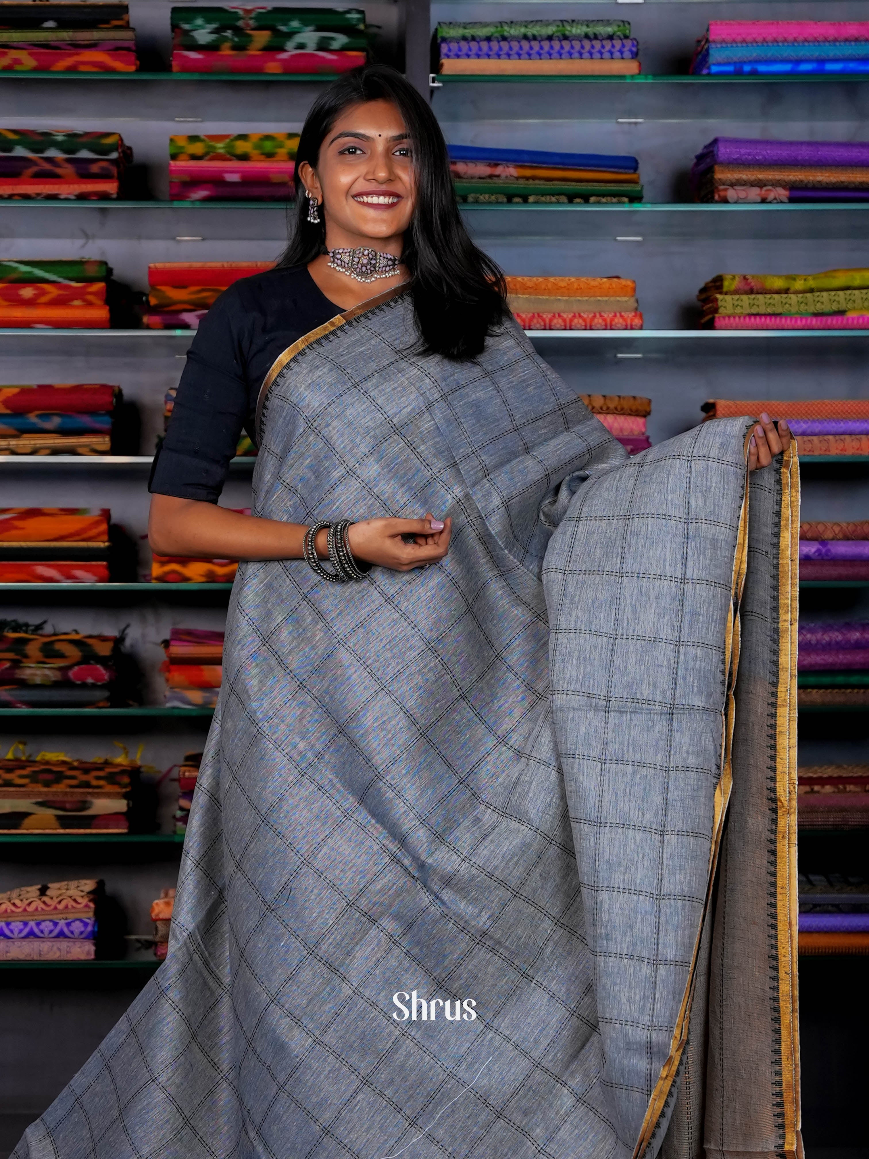 Grey - Linen Saree - Shop on ShrusEternity.com
