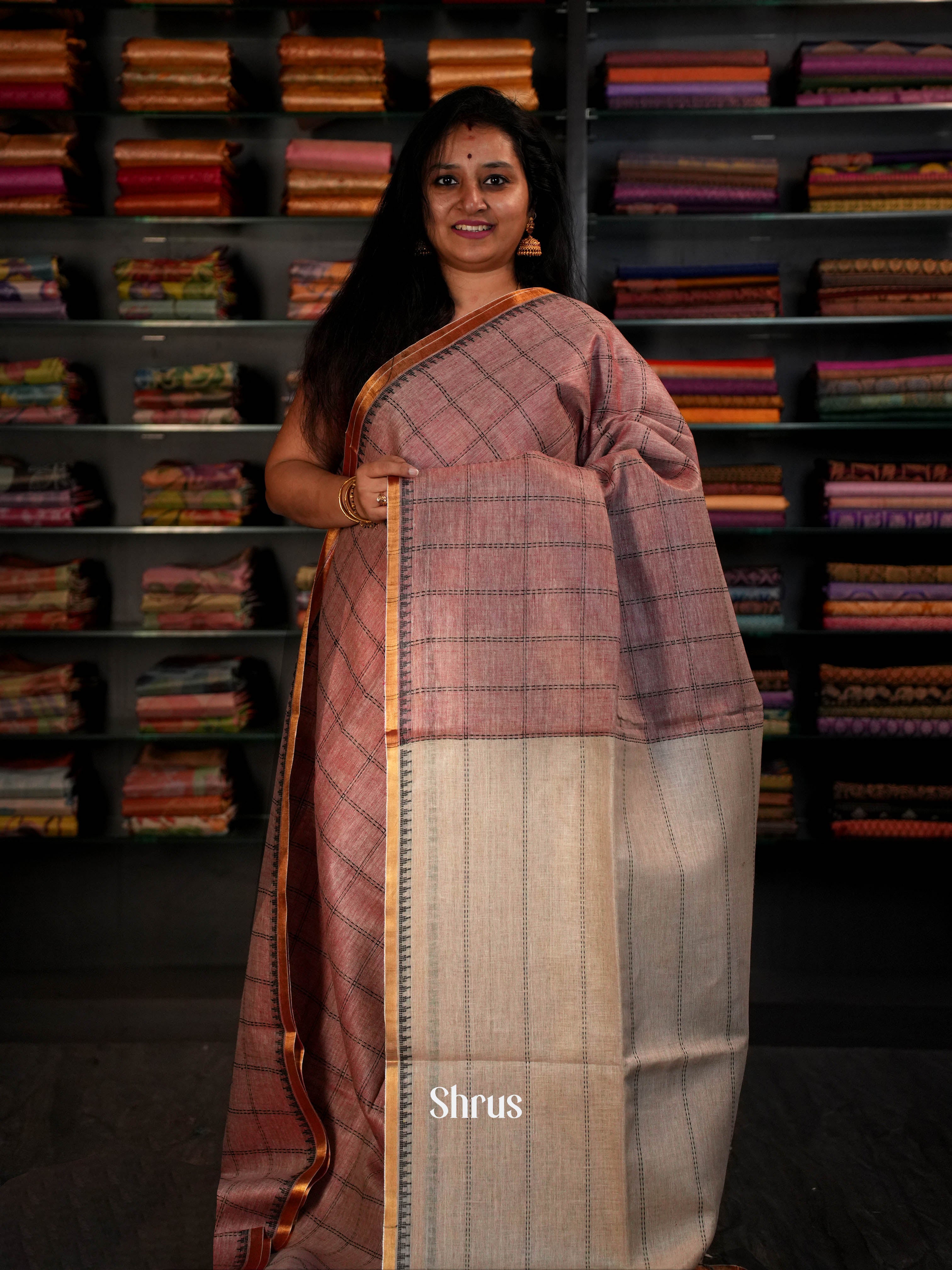Onion Pink & Beige - Linen Saree Saree - Shop on ShrusEternity.com