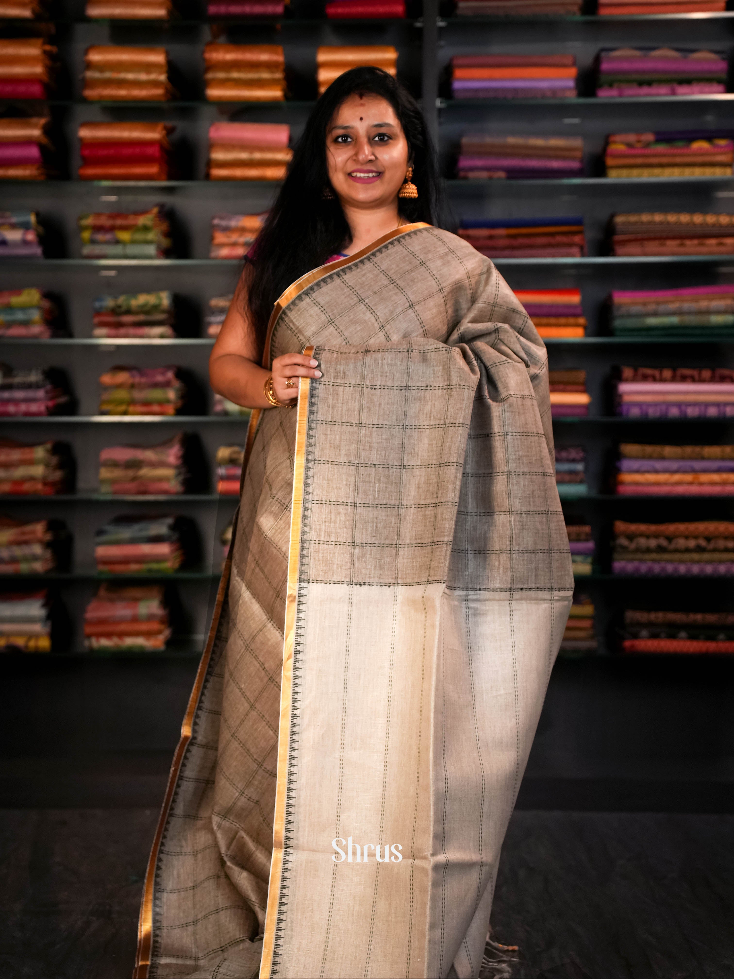 Ecru Beige - Linen Saree Saree - Shop on ShrusEternity.com