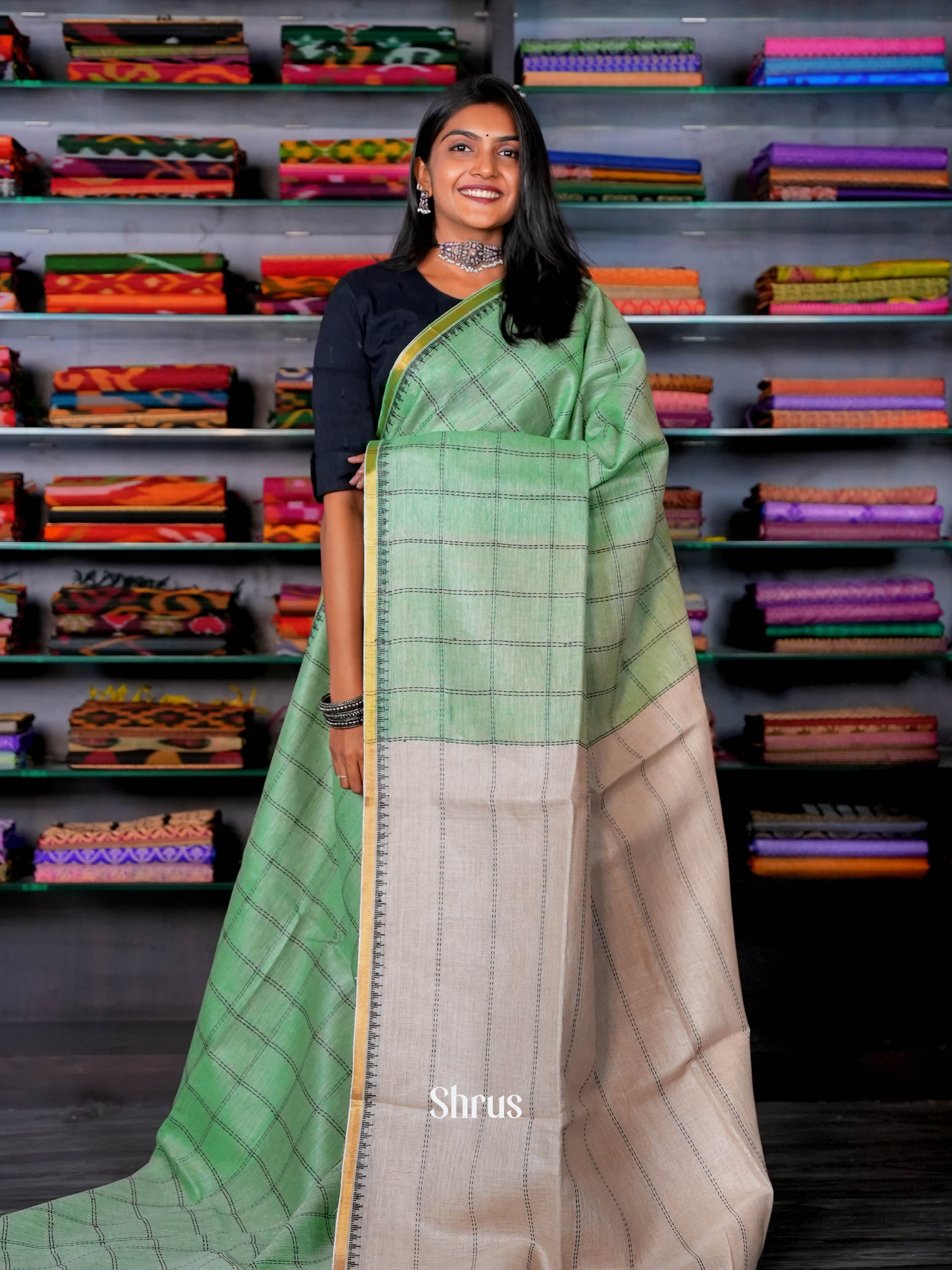 Green & Cream - Linen Saree - Shop on ShrusEternity.com