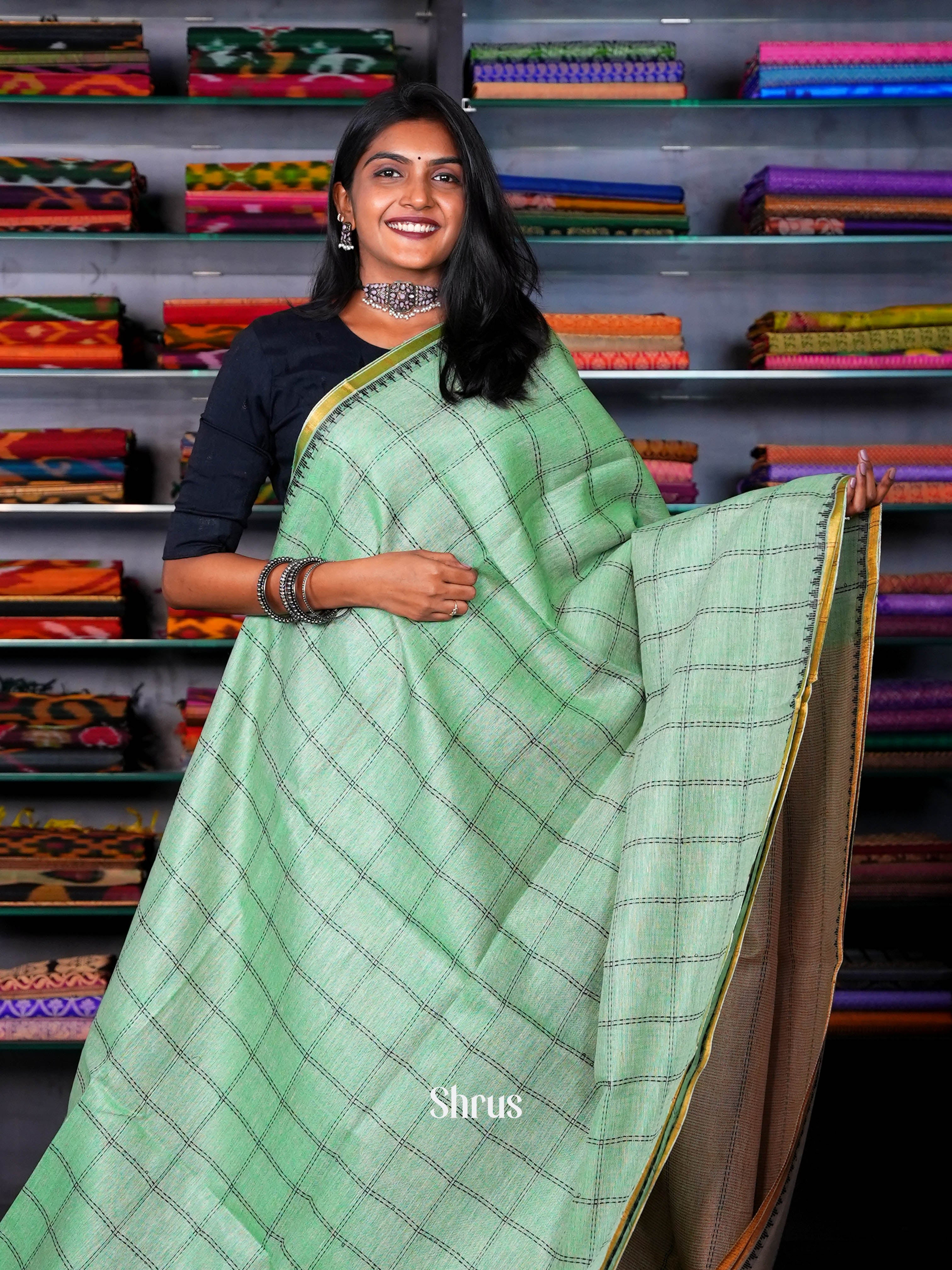 Green & Cream - Linen Saree - Shop on ShrusEternity.com