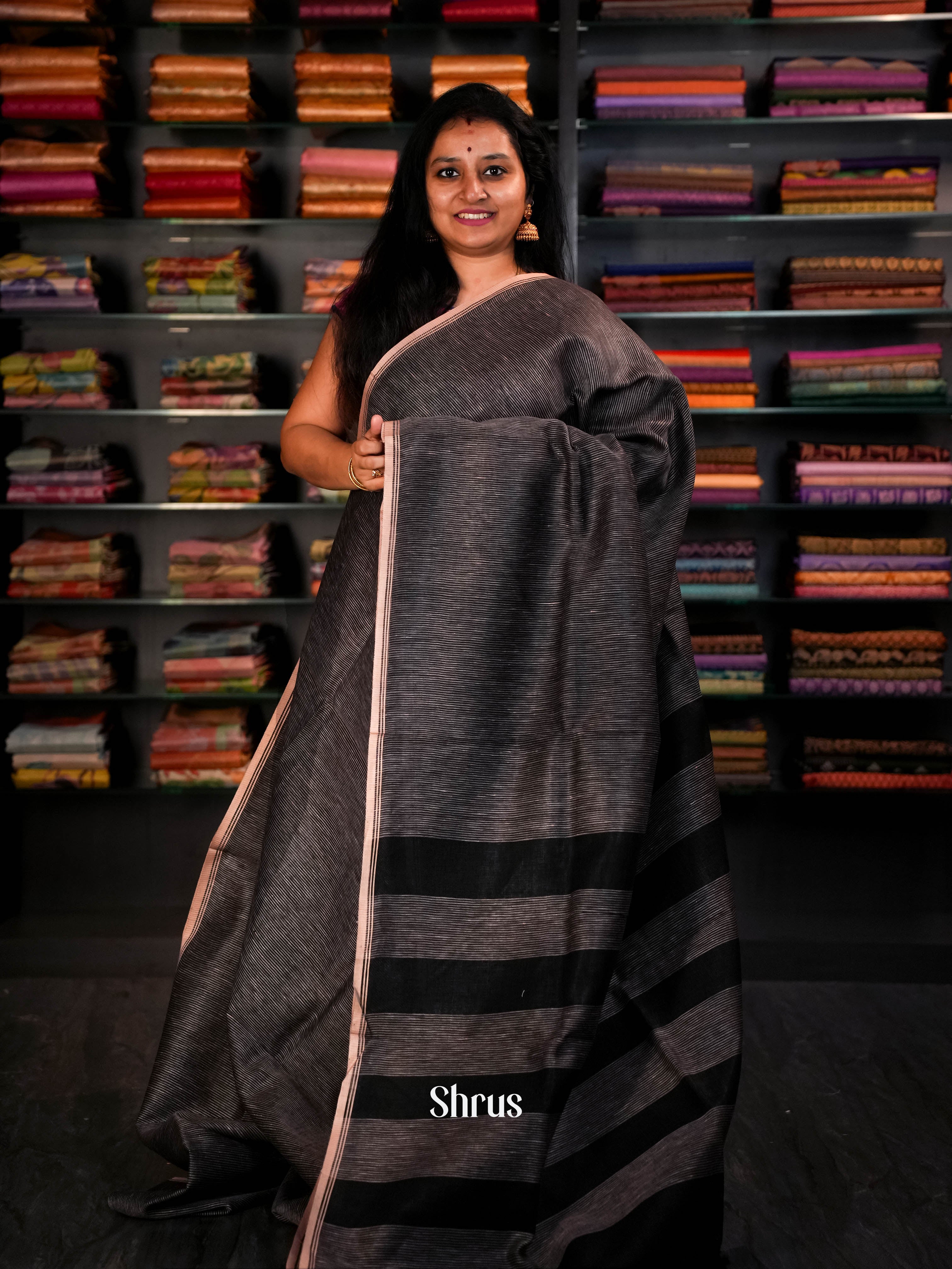 Black - Linen Saree Saree - Shop on ShrusEternity.com