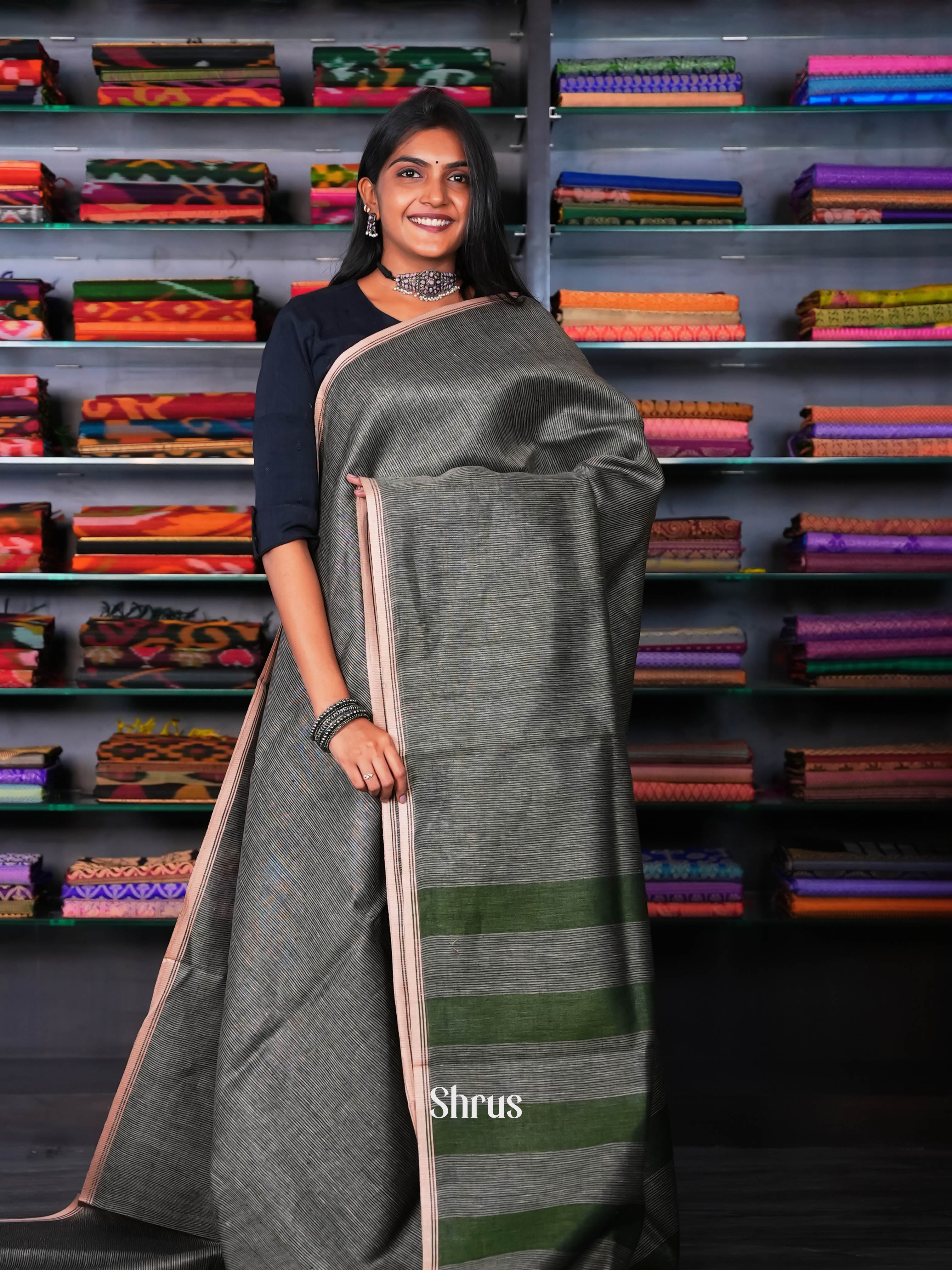 Green - Linen Saree - Shop on ShrusEternity.com