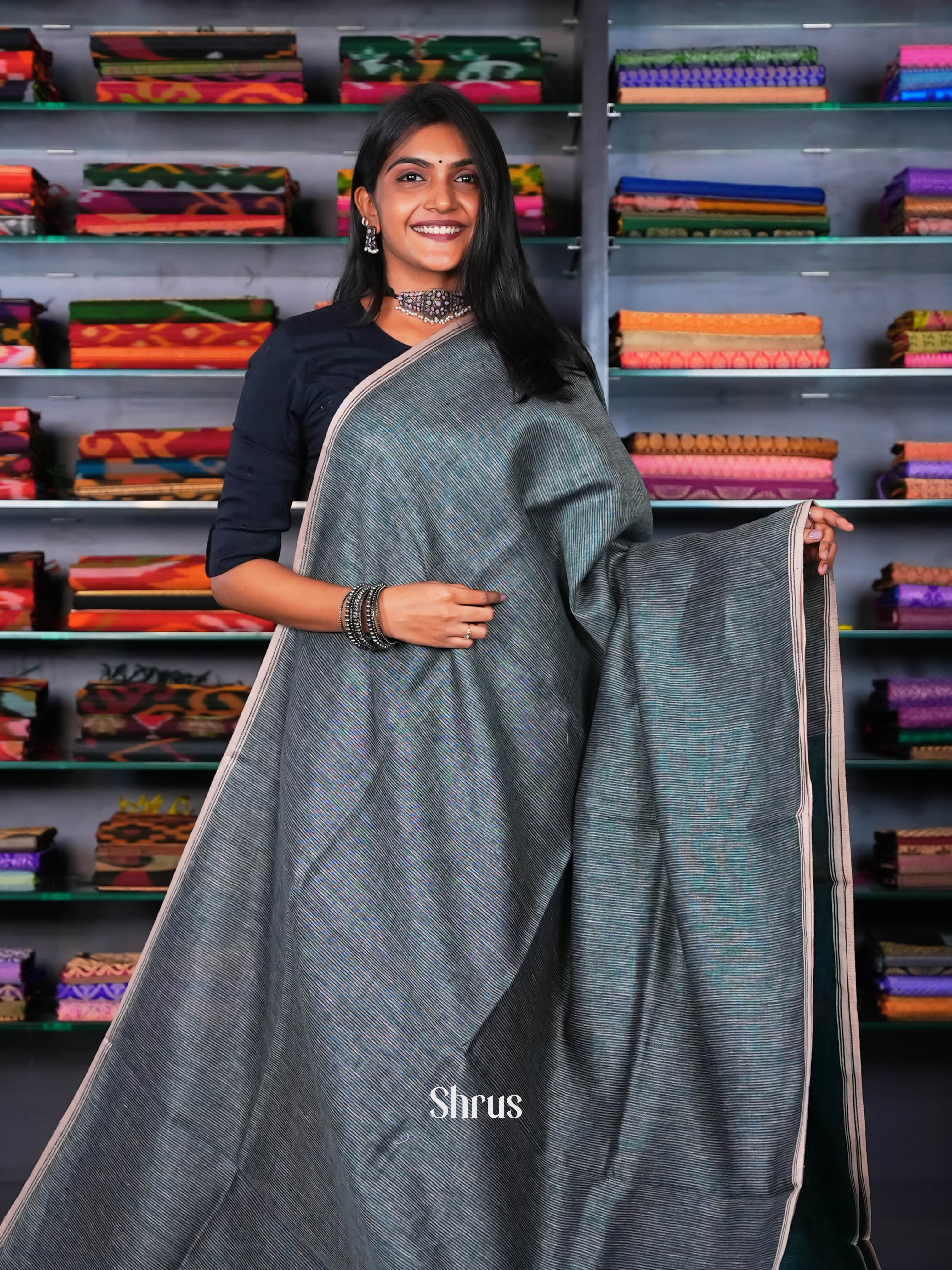Green - Linen Saree - Shop on ShrusEternity.com