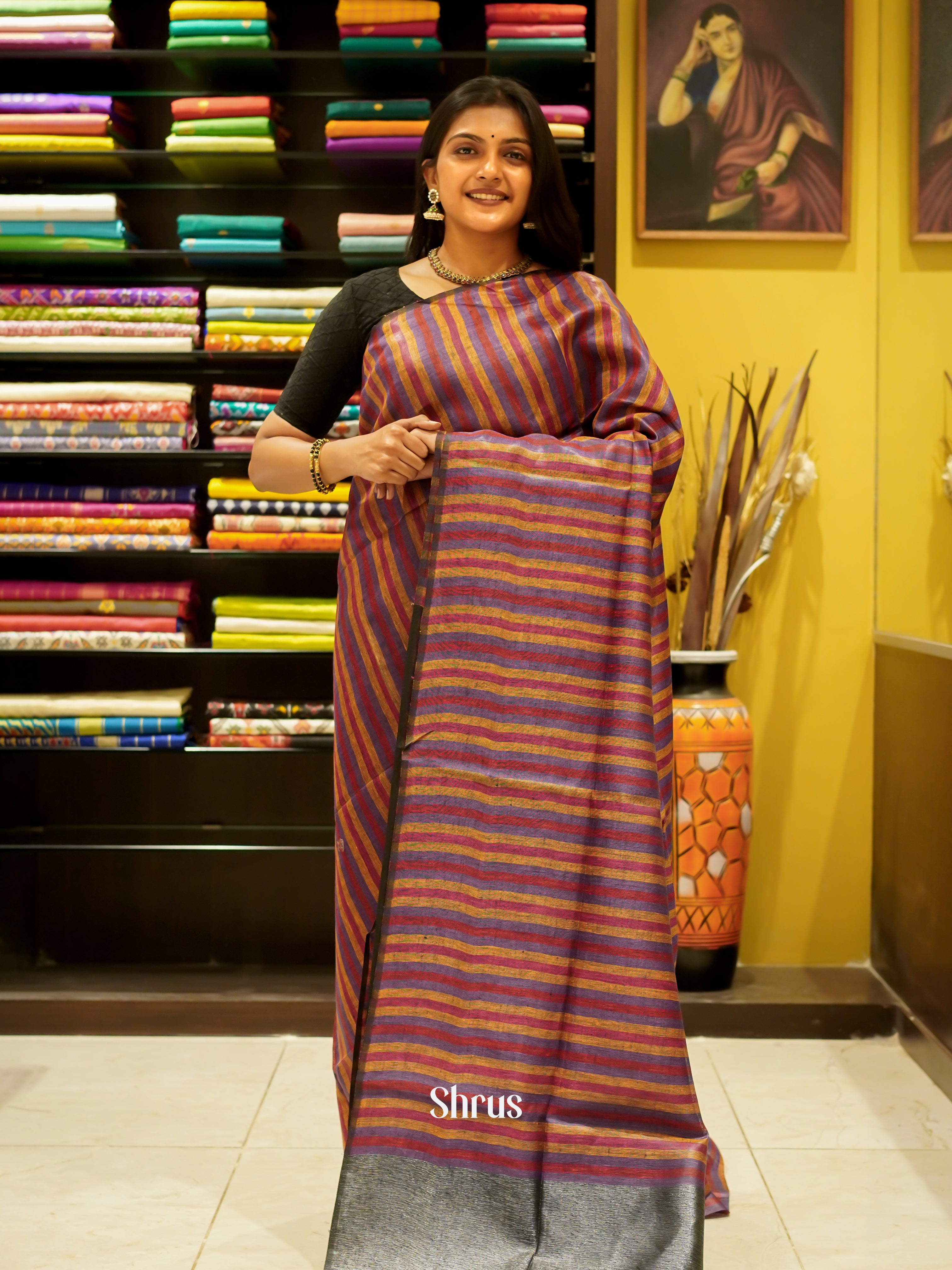 Purple & Mustard - Linen Saree - Shop on ShrusEternity.com
