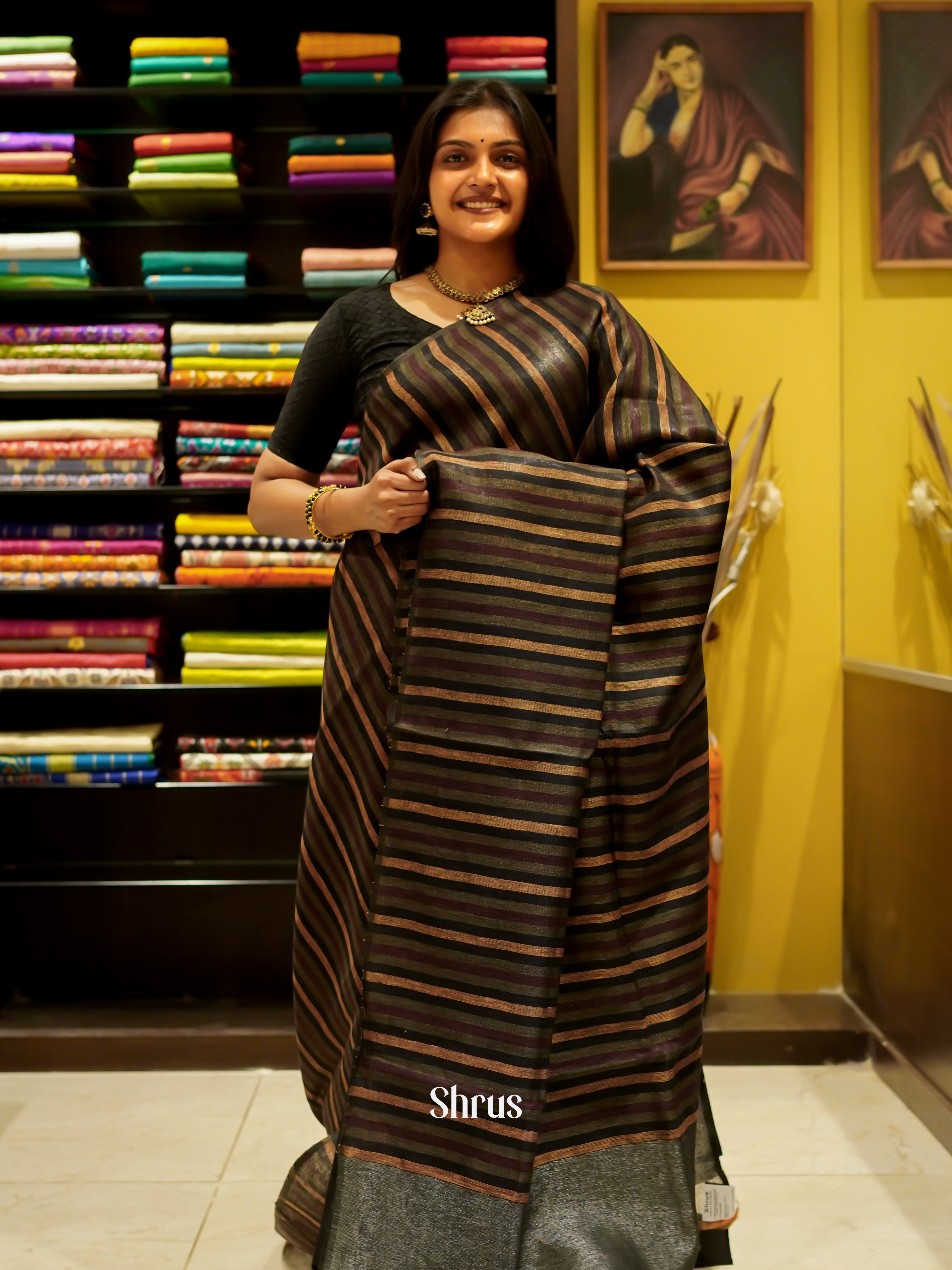 Black - Linen Saree - Shop on ShrusEternity.com