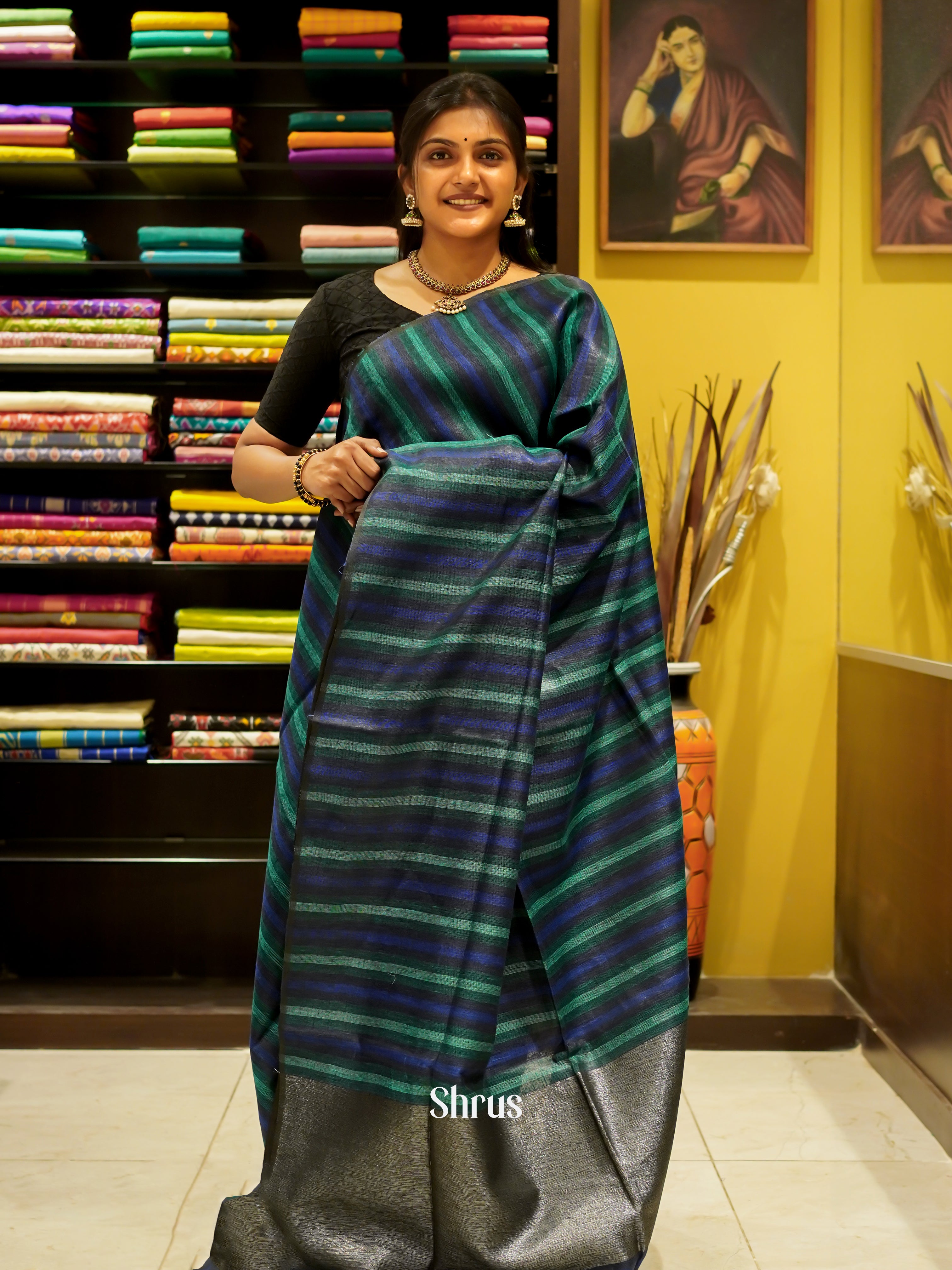 Blue & Green - Linen Saree - Shop on ShrusEternity.com