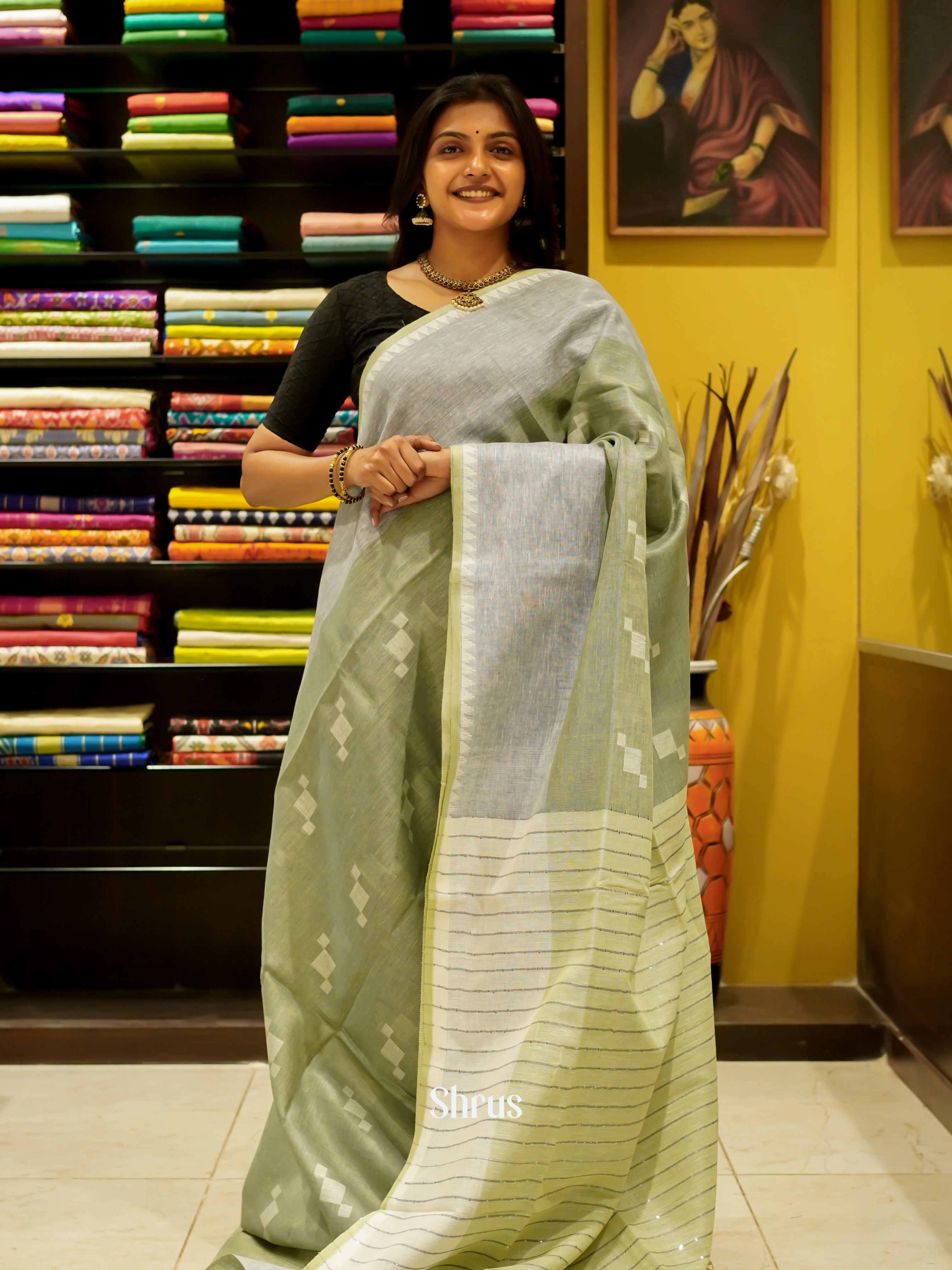 Green & Grey - Linen Saree - Shop on ShrusEternity.com
