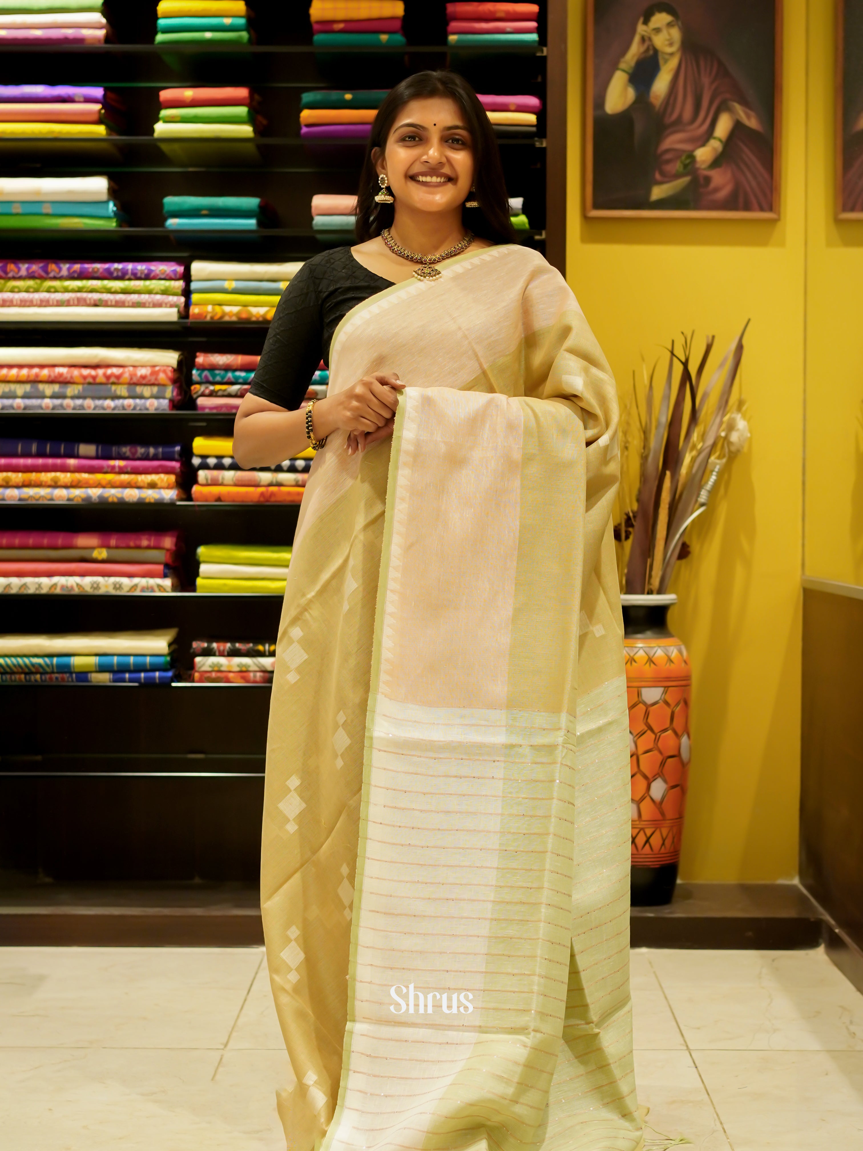Green - Linen Saree - Shop on ShrusEternity.com