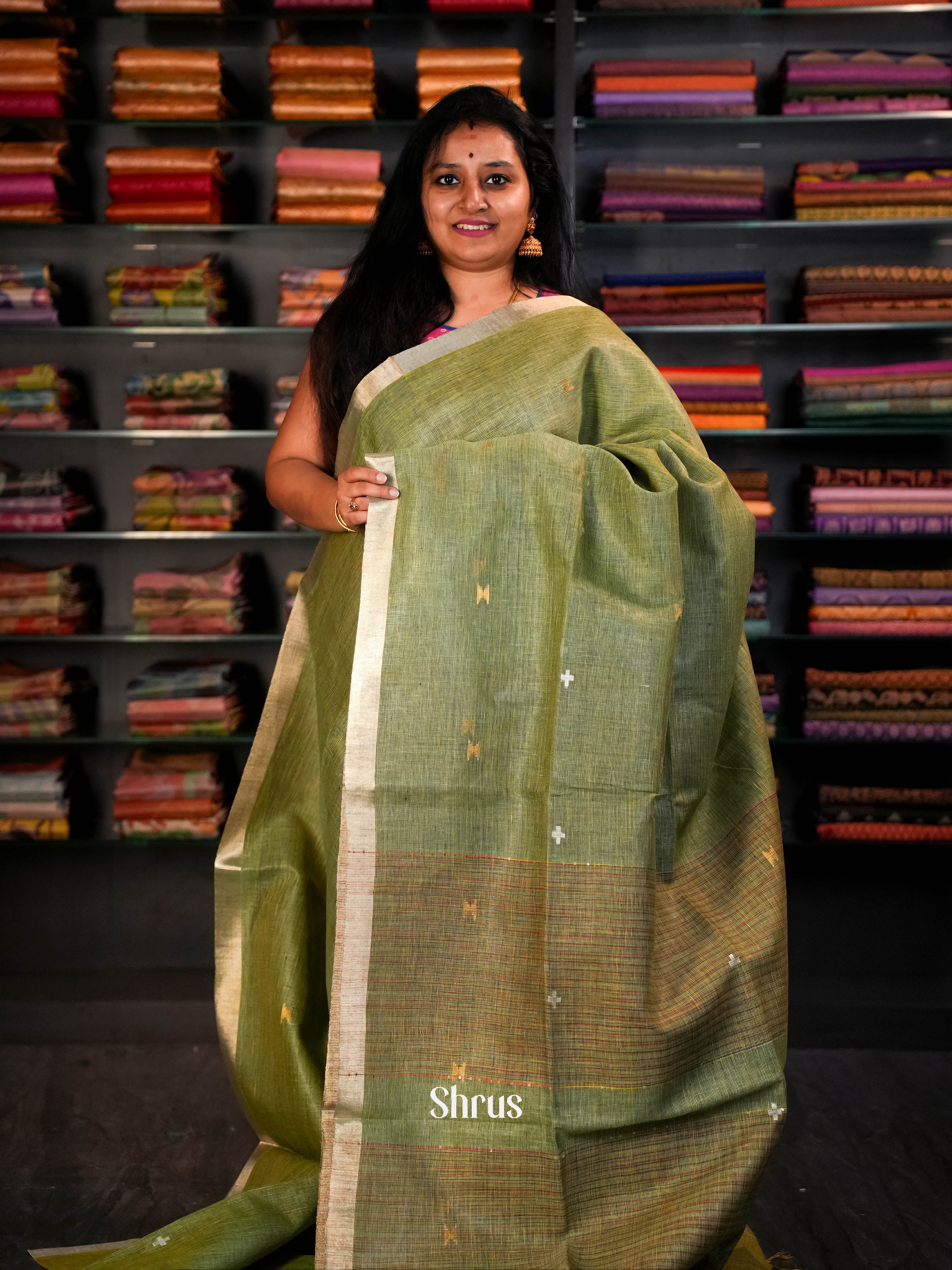 Green - Linen Saree Saree - Shop on ShrusEternity.com