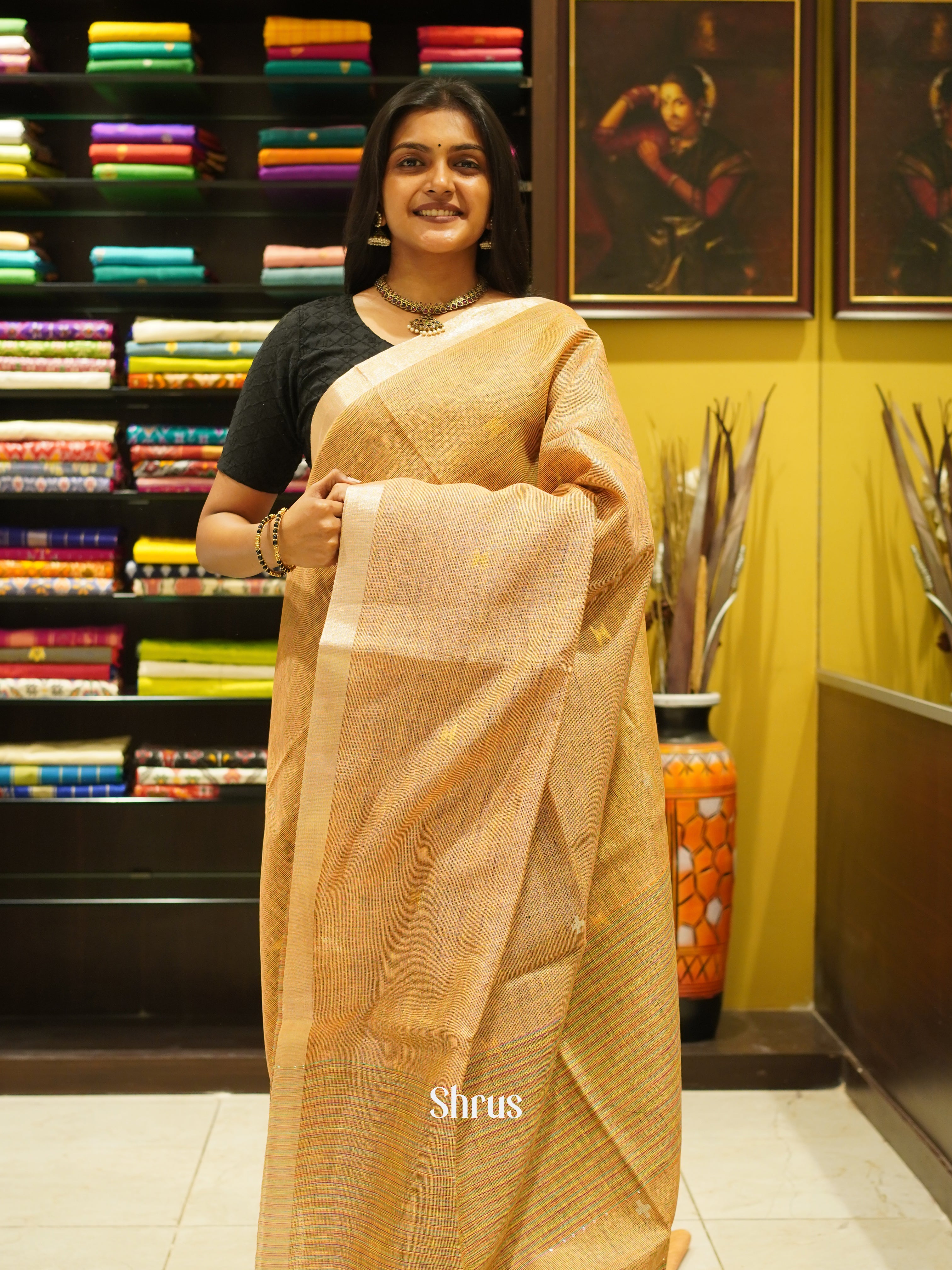 Brown (Single Tone)- Linen Saree - Shop on ShrusEternity.com